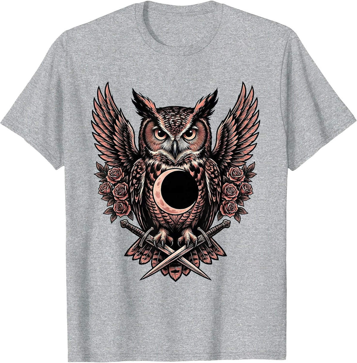 Men's Halloween Owl Crescent Moon Illustration T-Shirt - Heather Grey