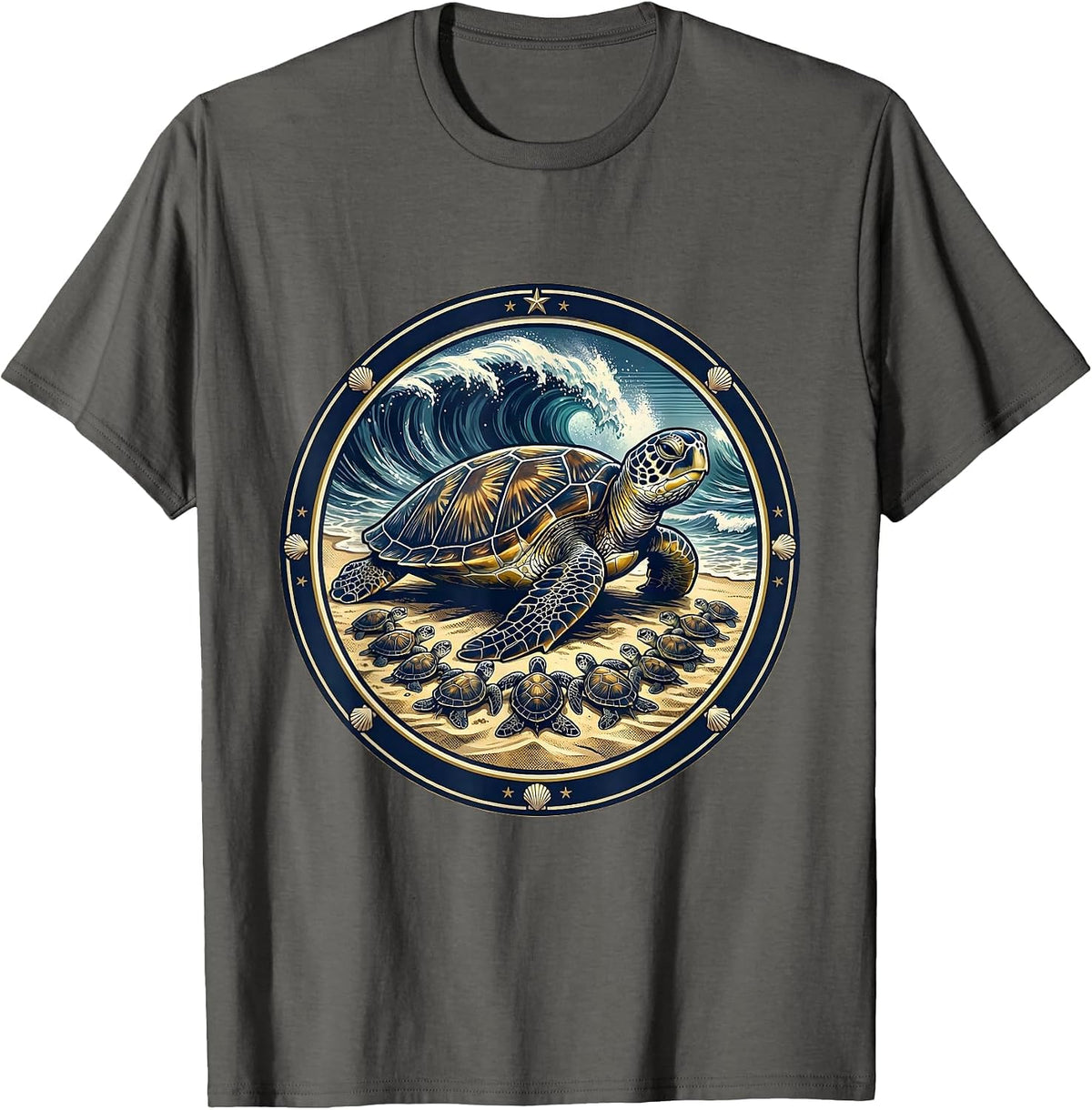 Men's Mama Turtle With Hatchlings on Beach Graphic T-Shirt - Asphalt Grey