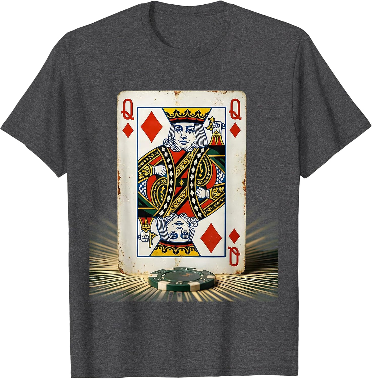Men's Queen of Diamonds Vintage Casino Gambler Humor T-Shirt - Dark Heather Grey