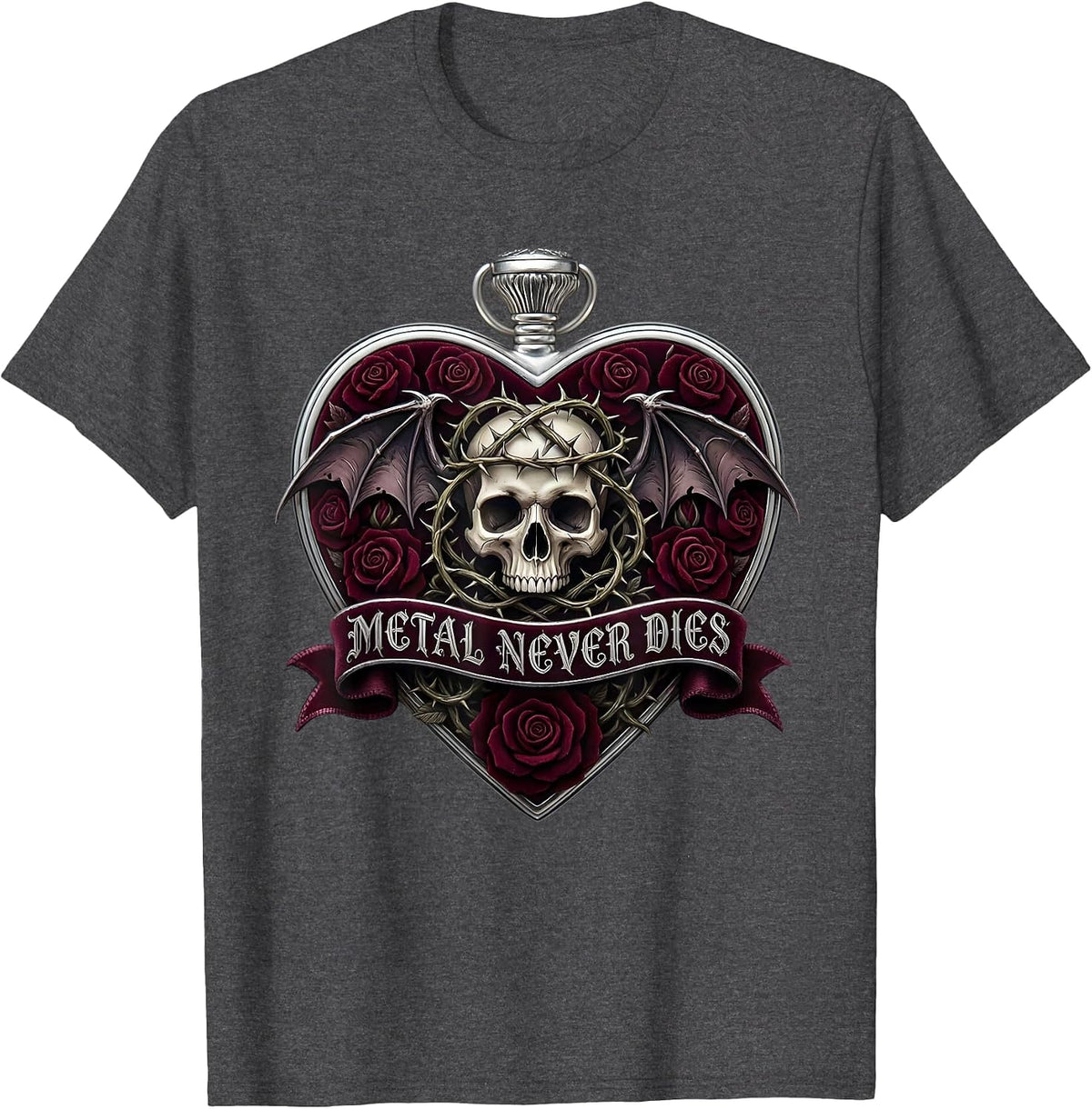 Metal Never Dies Heavy Metal Graphic Design T-Shirt - Dark Heather Grey