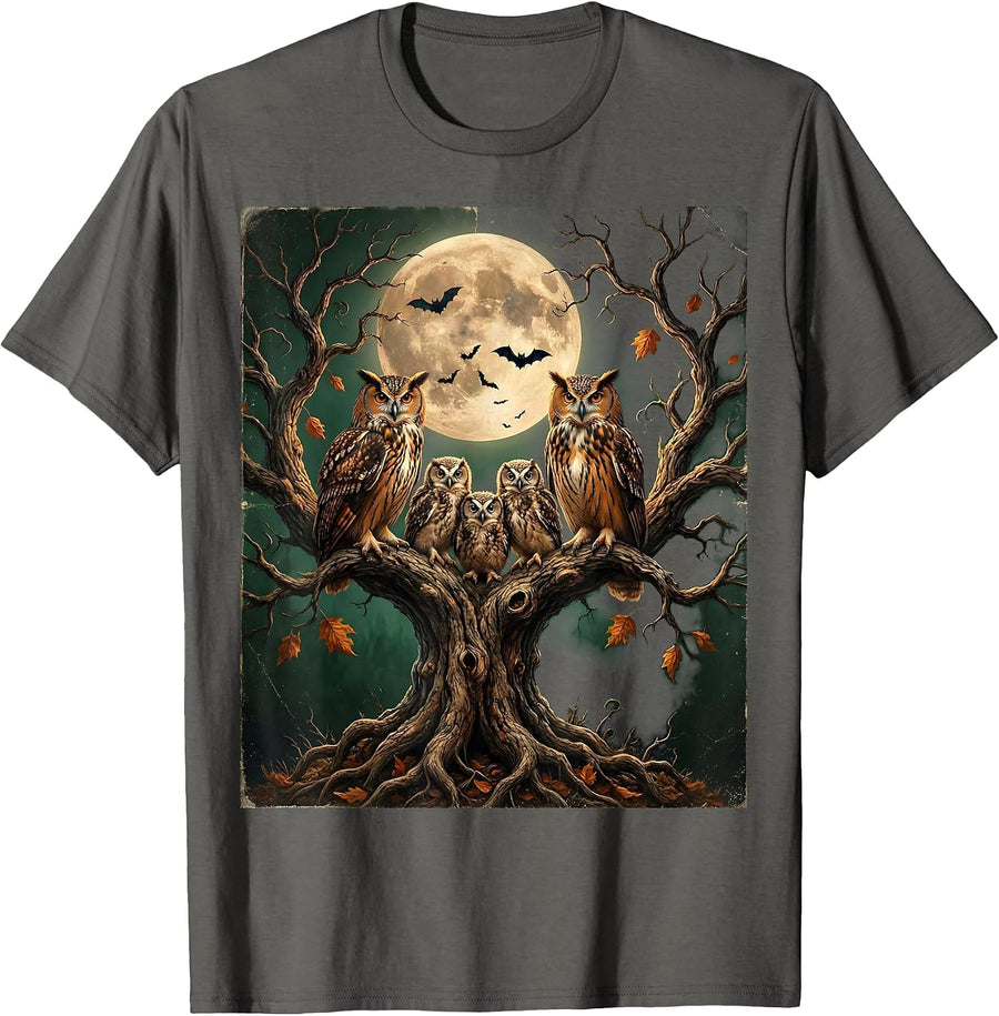 Owl Family Halloween Gnarled Tree Illustration T-Shirt - Asphalt Grey