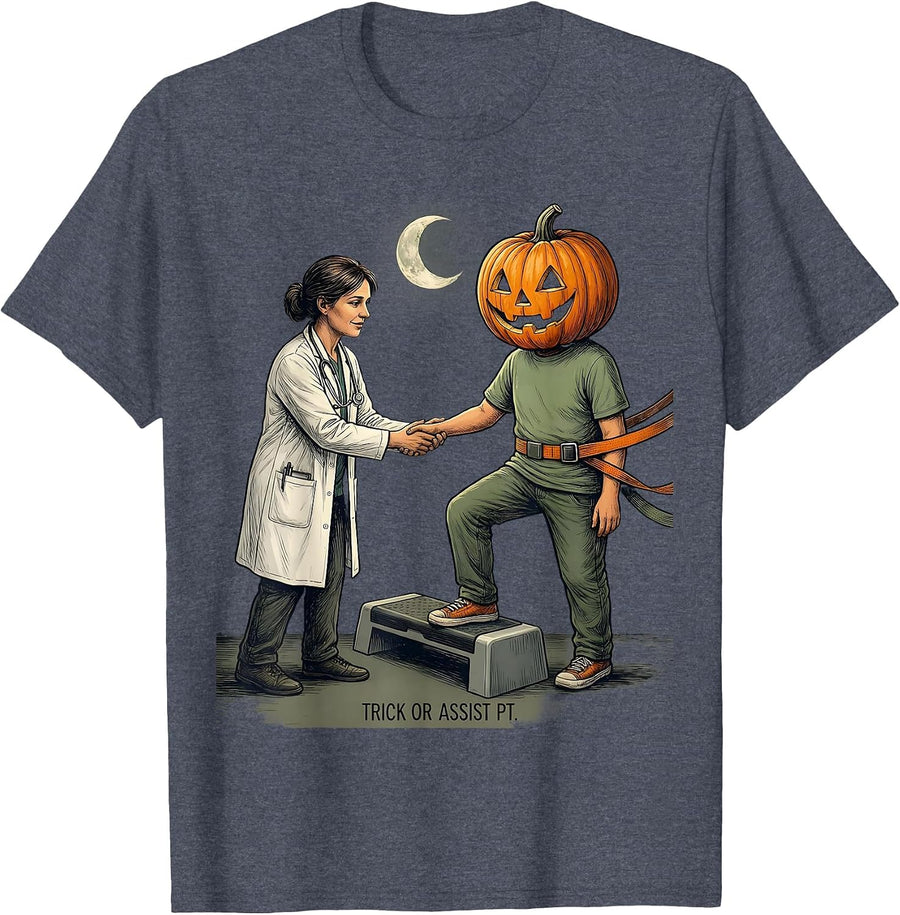 Trick Or Assist PT Funny Physical Therapist Halloween T-Shirt - Heather Blue