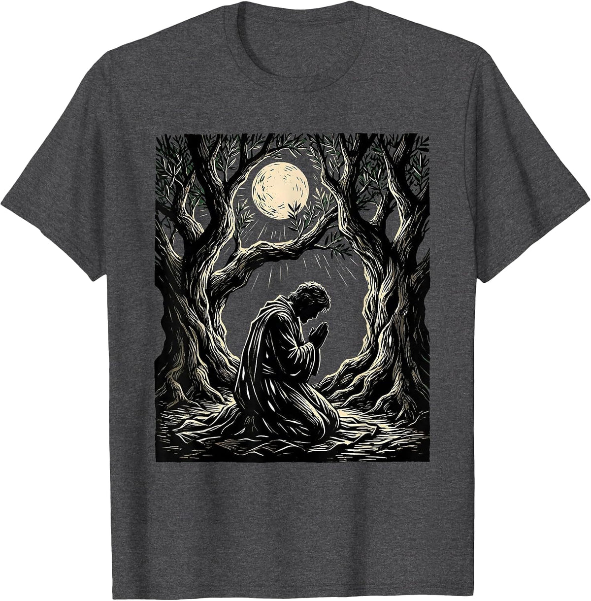 Jesus Kneeling in Gethsemane Moonlight Design T-Shirt - Dark Heather Grey