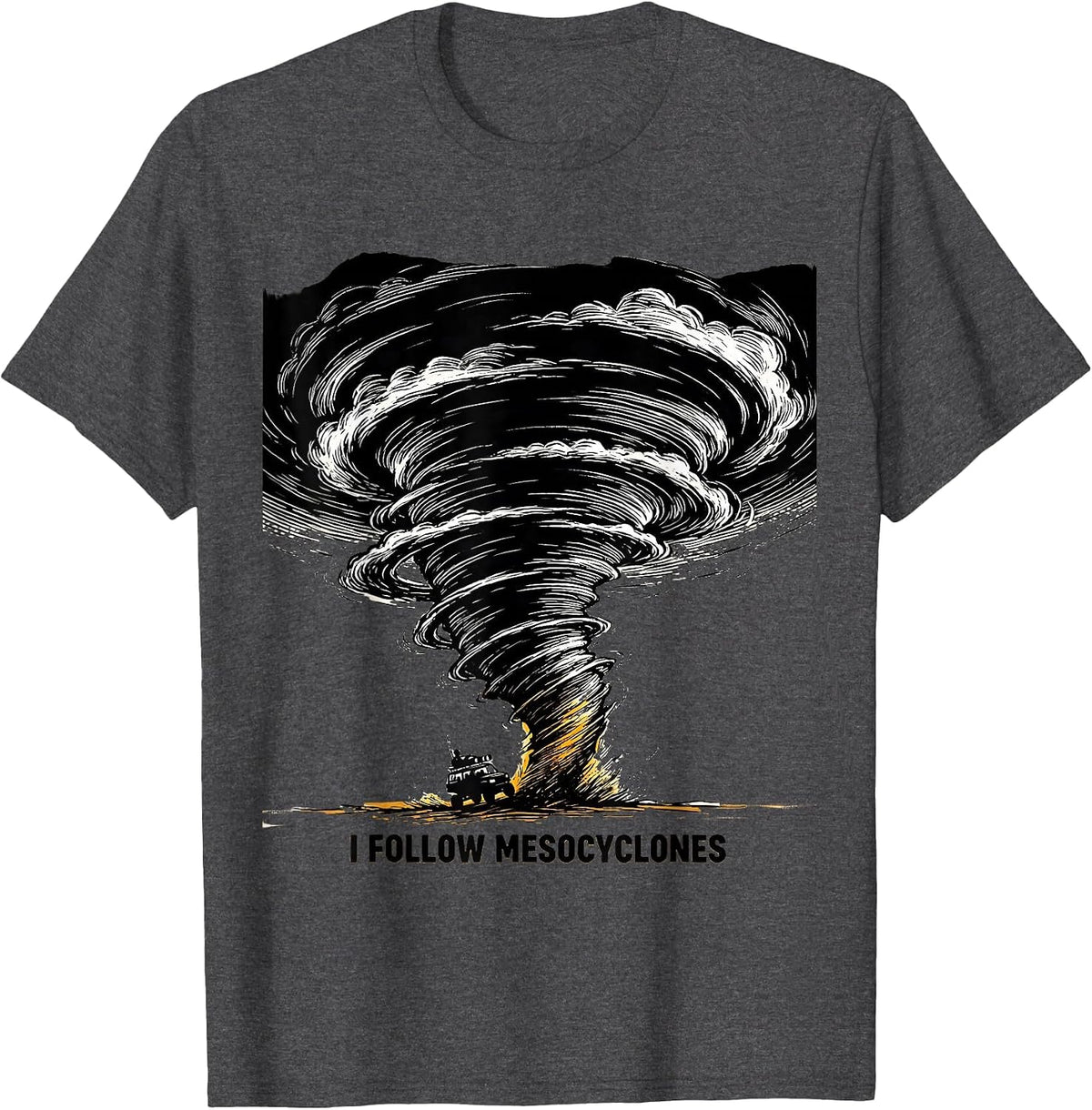 Men's I Follow Mesocyclones Scratchboard Tornado Storm Chaser T-Shirt - Dark Heather Grey