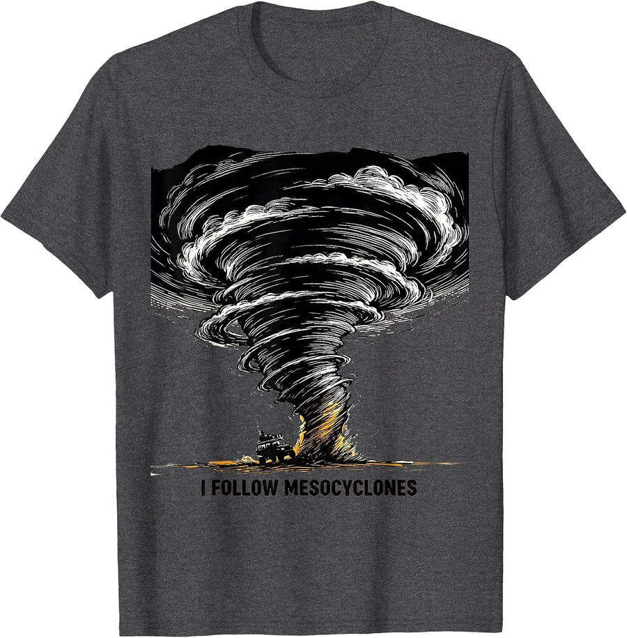 Men's I Follow Mesocyclones Scratchboard Tornado Storm Chaser T-Shirt - Dark Heather Grey