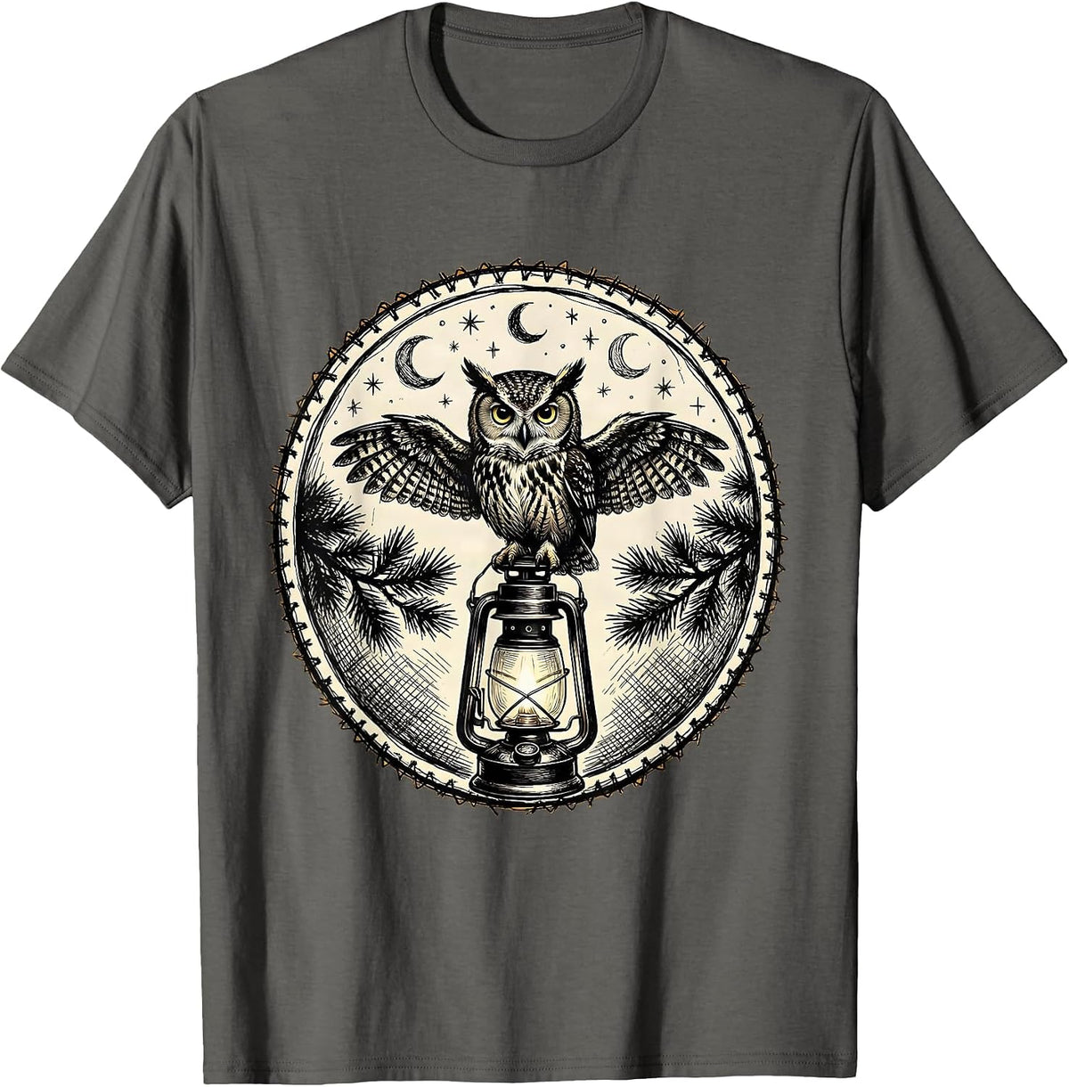 Owl on Lantern Camping Night Illustration T-Shirt - Asphalt Grey