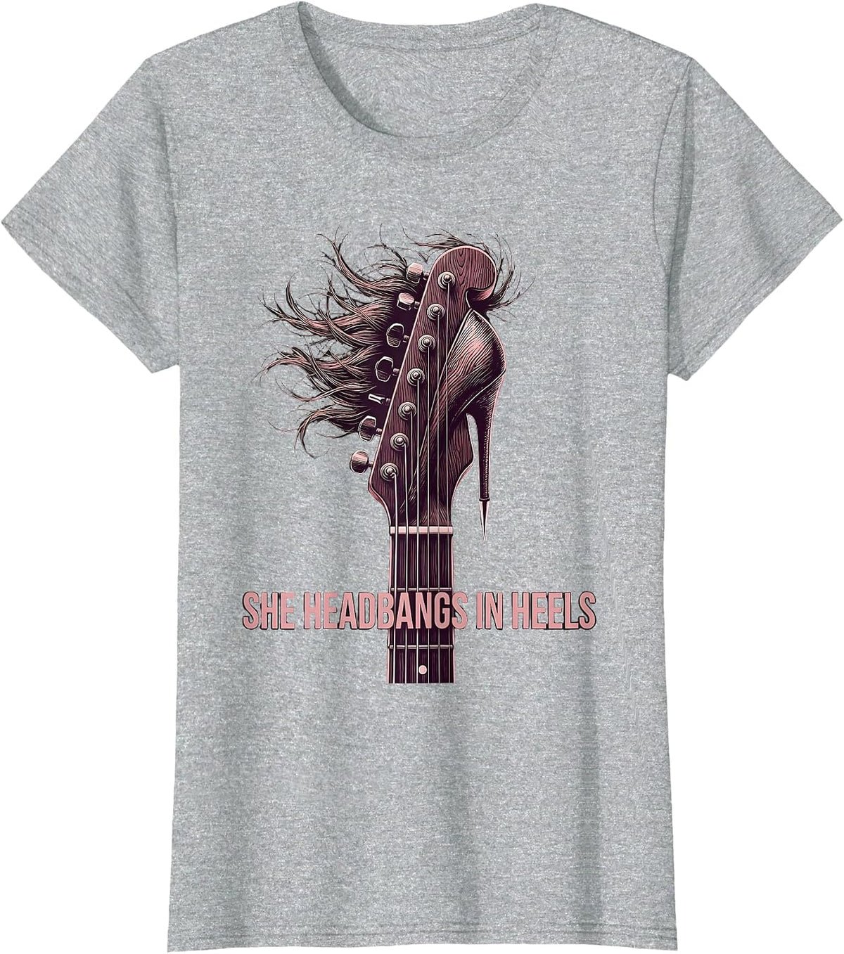 She Headbangs In Heels Rock and Roll Design T-Shirt - Heather Grey