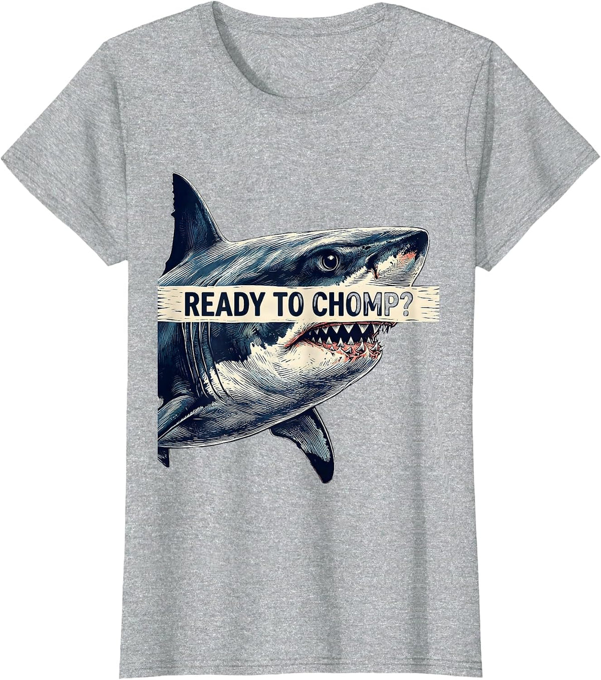 Women's Ready To Chomp Funny Shark Lover Ocean Humor Linocut T-Shirt - Heather Grey