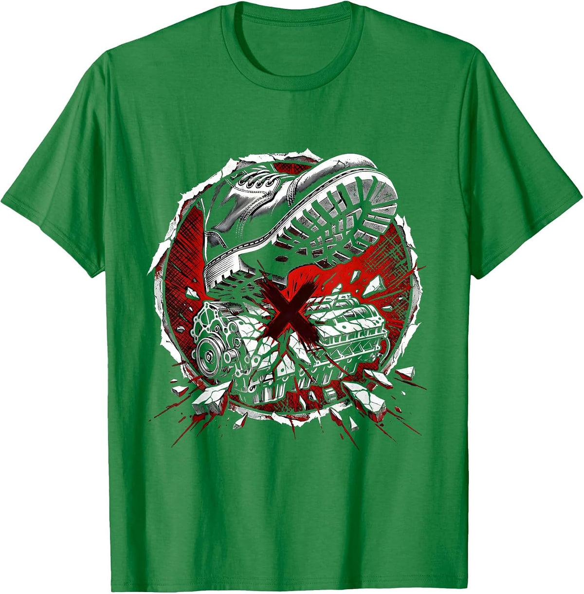 Men's Mechanic Boot Stomping Cracked Engine Block T-Shirt - Kelly Green