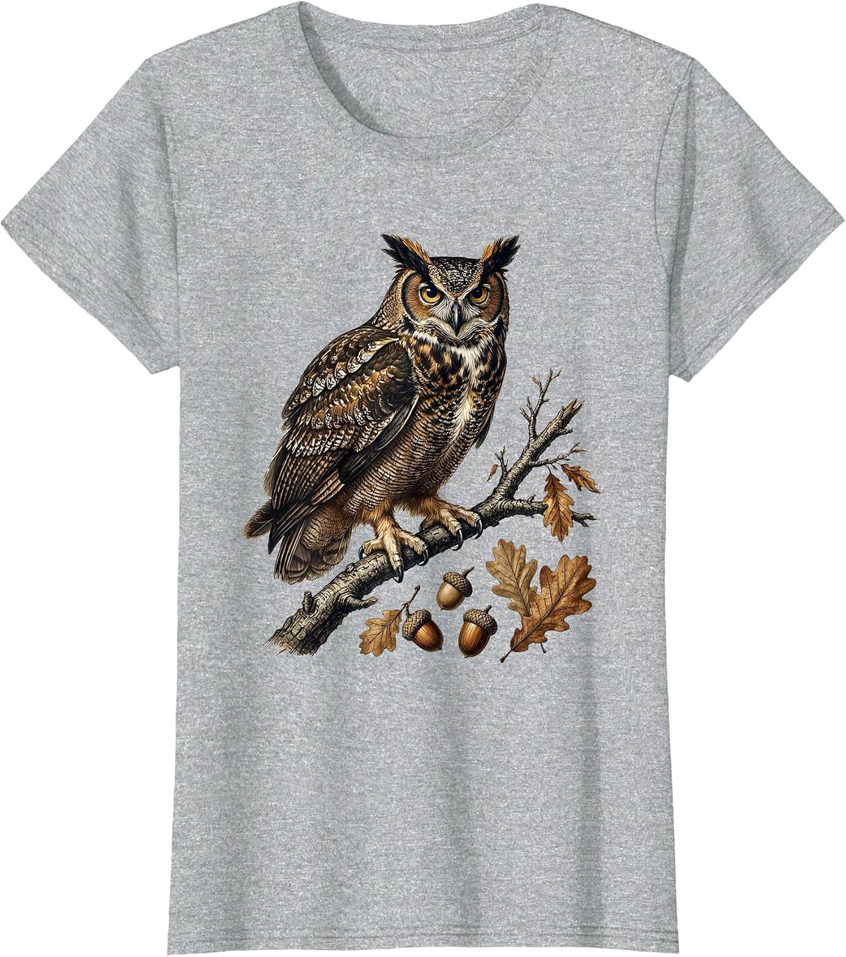 Owl on Moonlit Branch Fall Night Illustration T-Shirt - Heather Grey