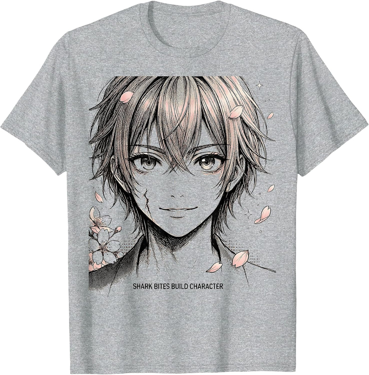 Men's Shark Bites Build Character Funny Ocean Design T-Shirt - Heather Grey