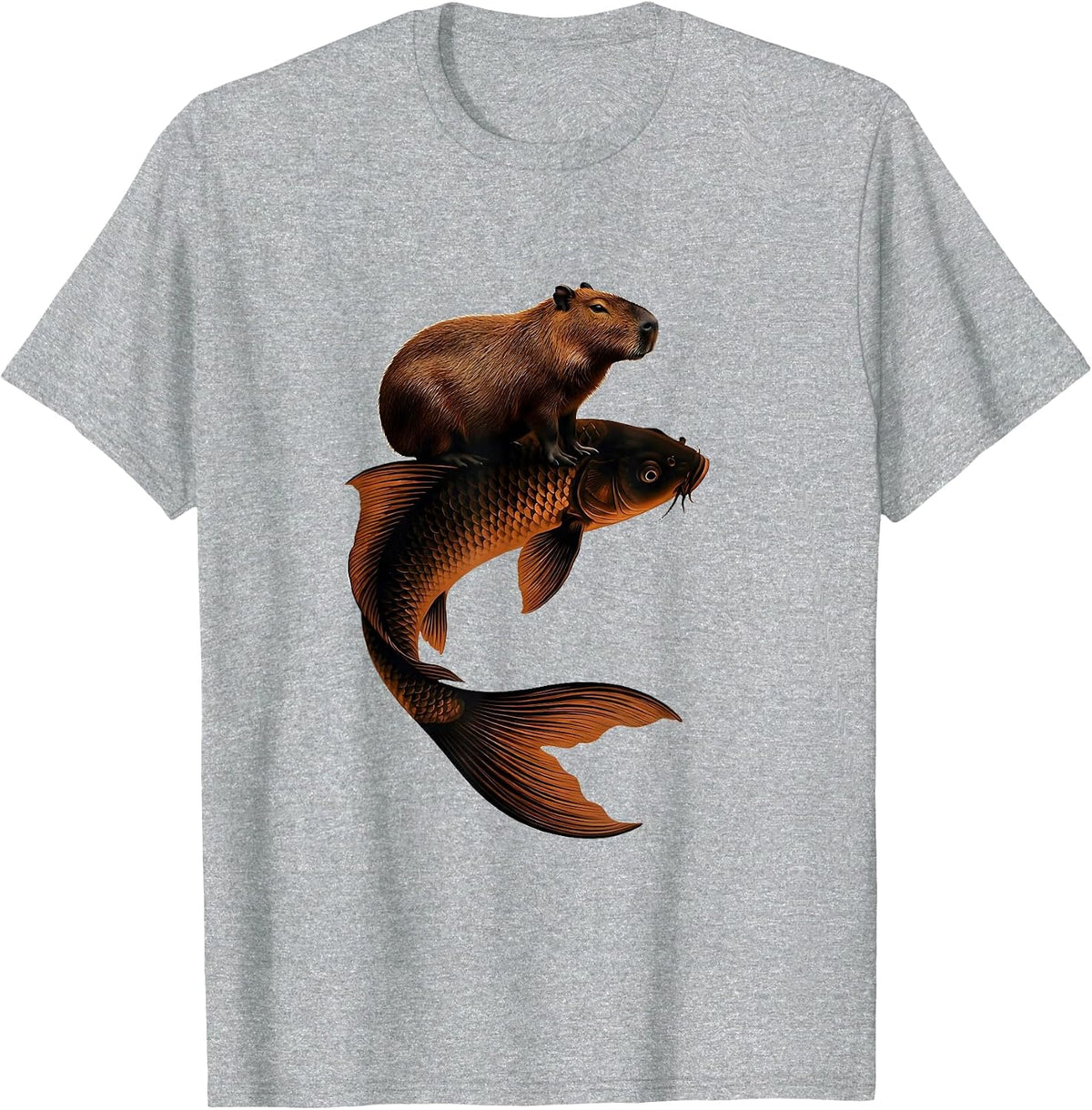 Men's Capybara Riding Giant Koi Fish Graphic T-Shirt - Heather Grey