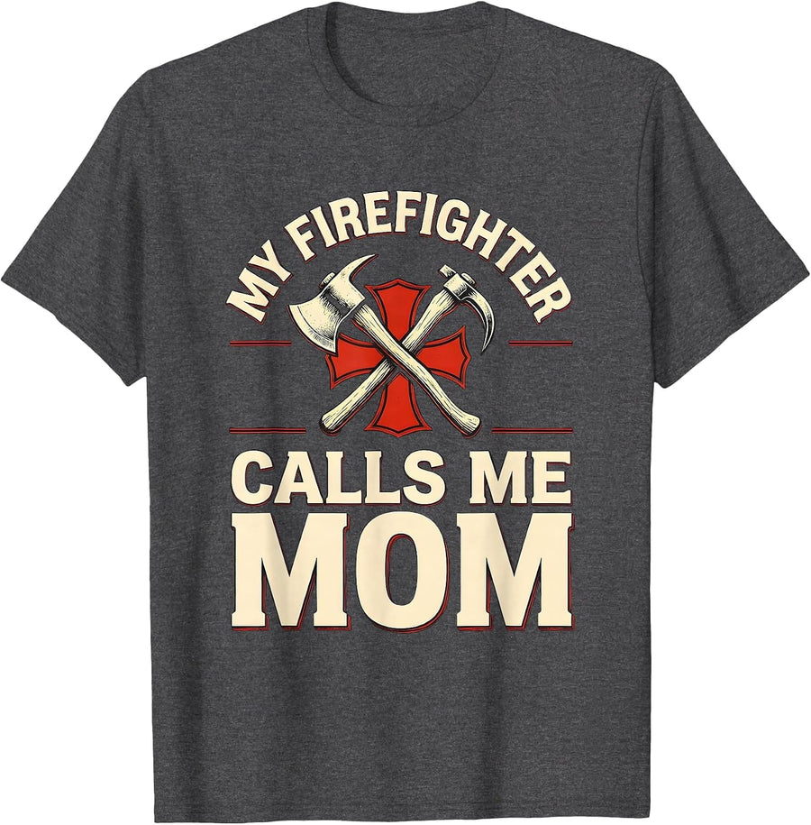 Men's My Firefighter Calls Me Mom Wood Type Letterpress Thin Red T-Shirt - Dark Heather Grey