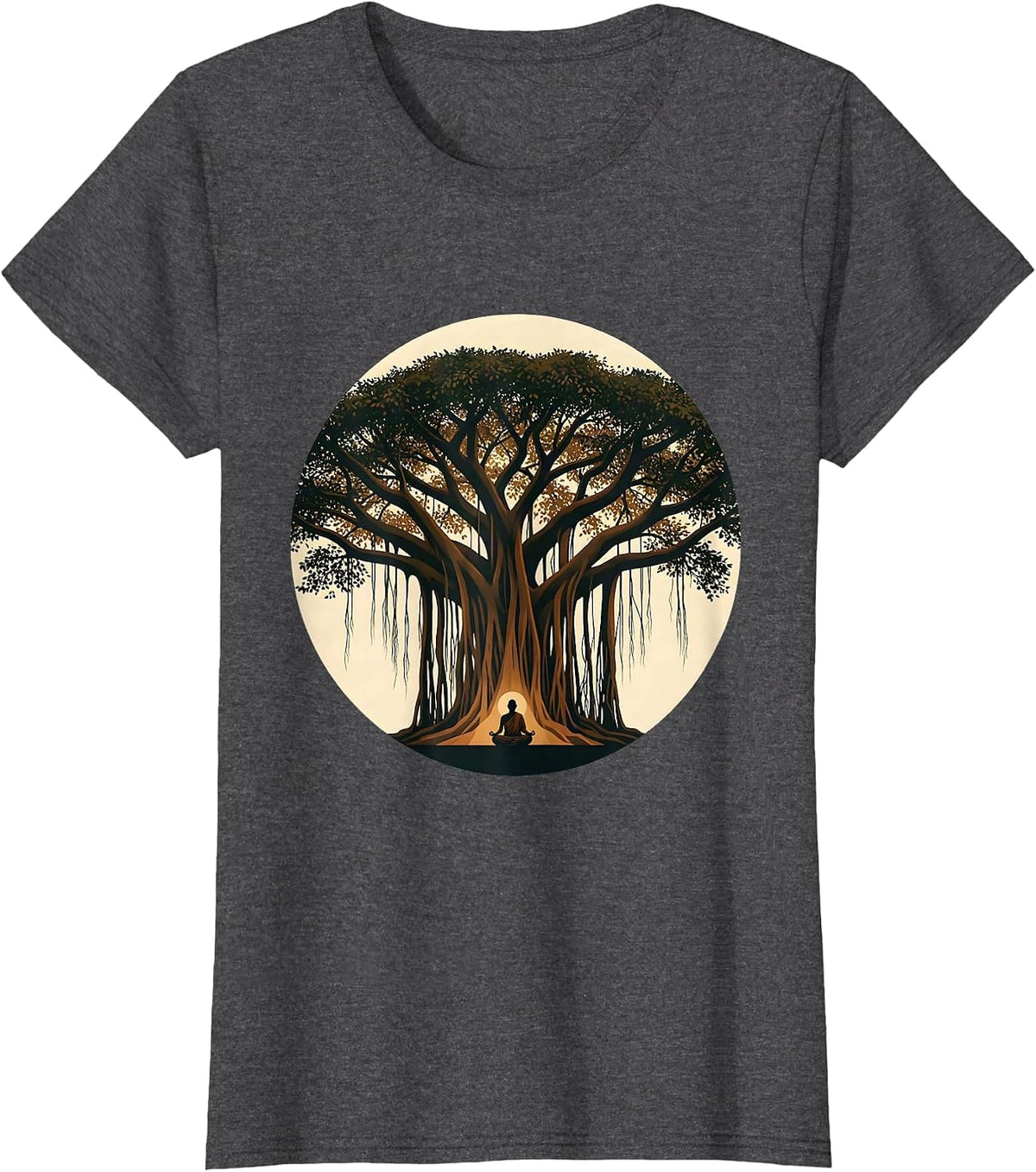 Women's Be Still Monk Under Banyan Tree Graphic Tee T-Shirt - Dark Heather Grey