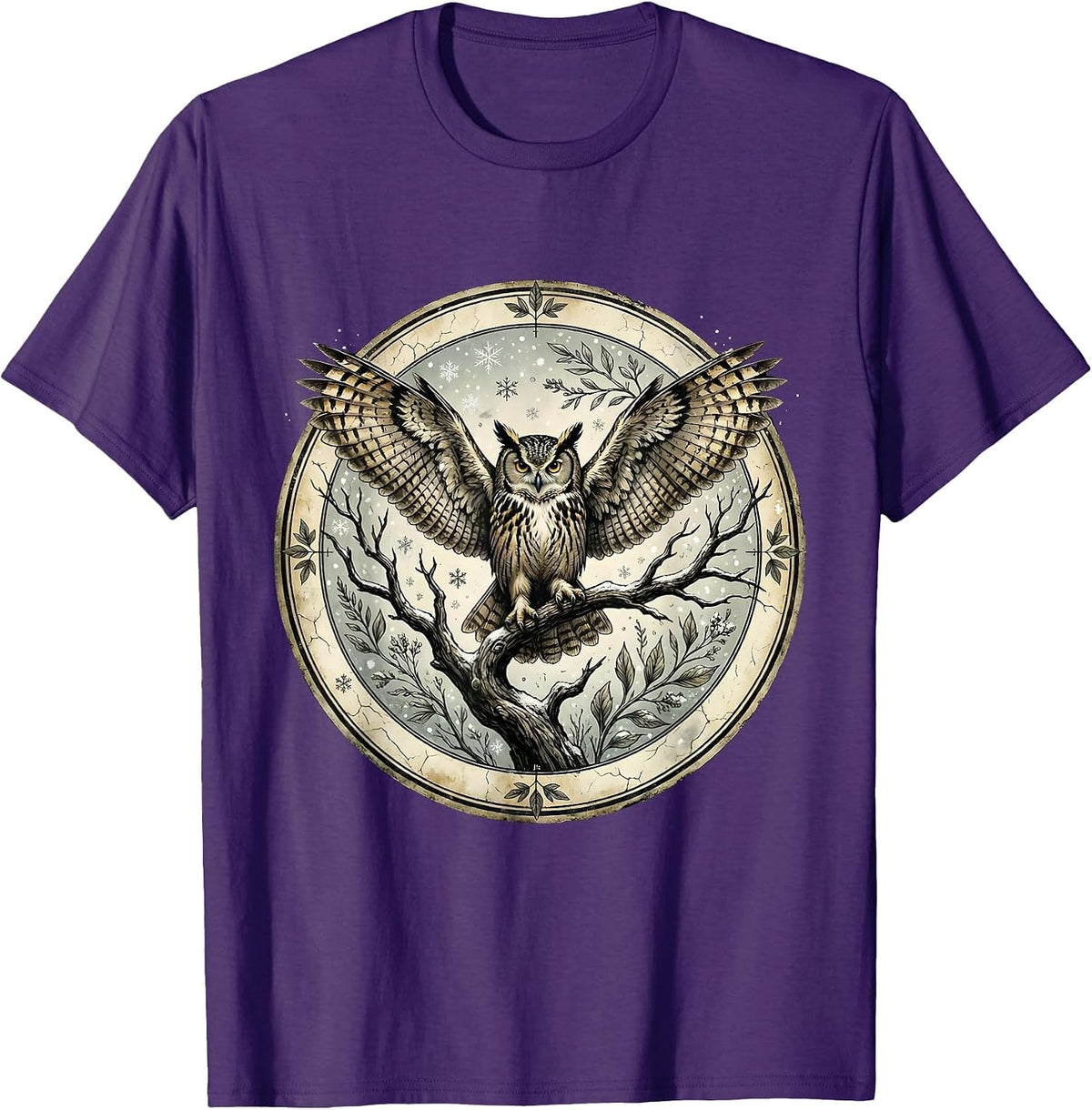 Men's Owl on Branch Winter Snowfall Nature Design T-Shirt - Purple