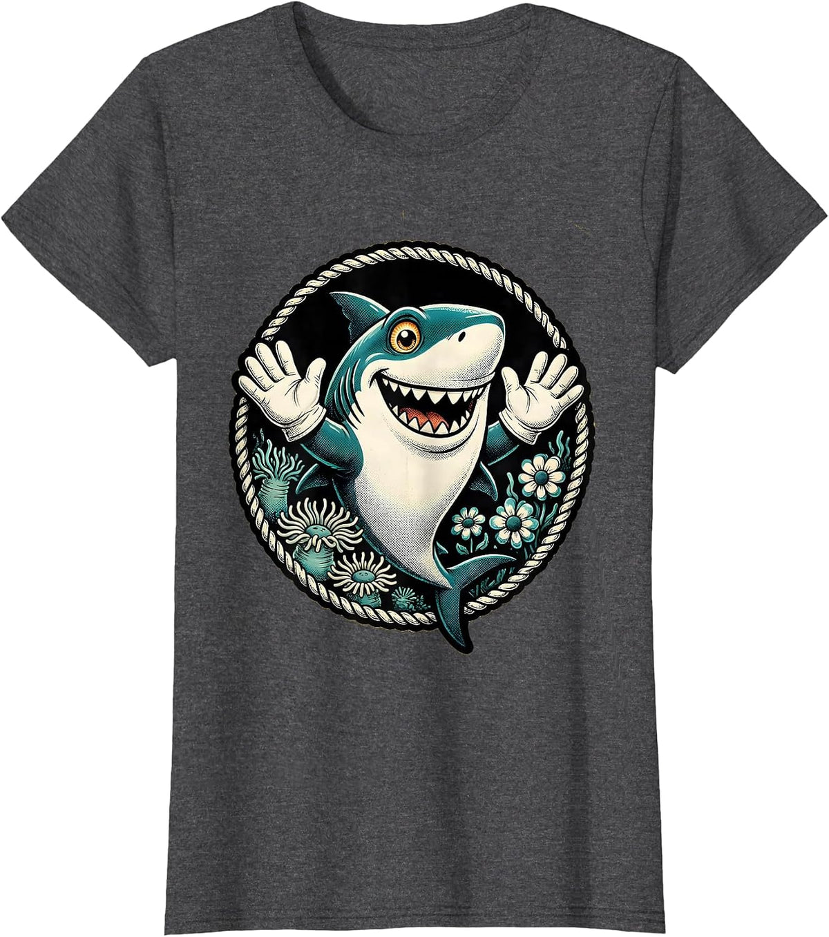 Women's Mommy Shark Floral Ocean Illustration T-Shirt - Dark Heather Grey