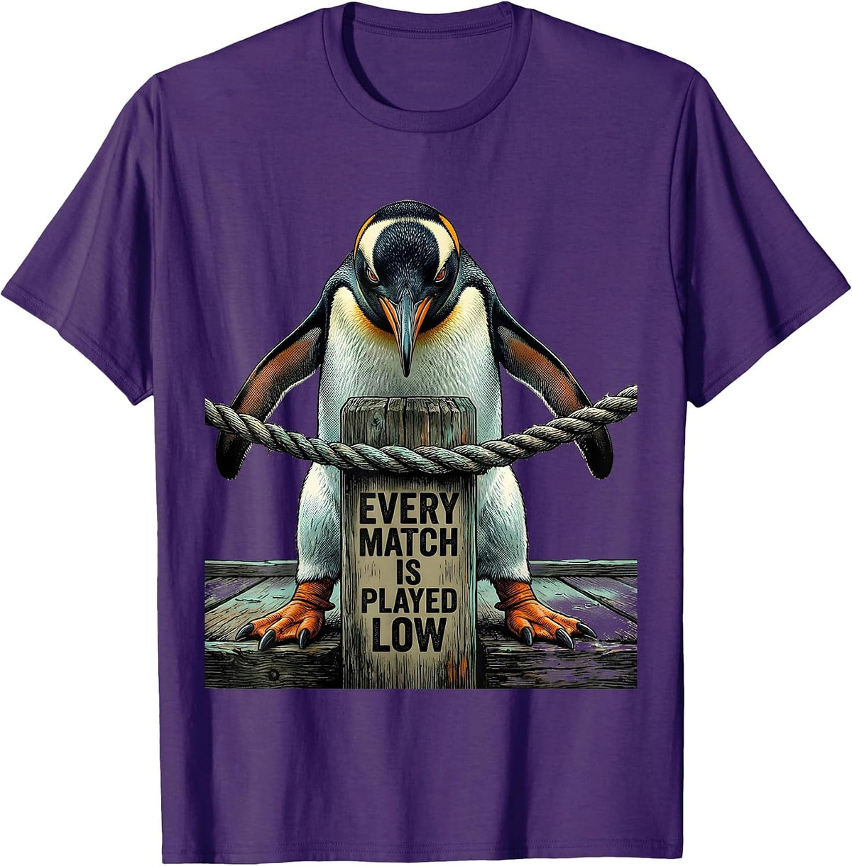 Men's Every Match Is Played Low Funny Penguin Martial Arts Humor T-Shirt - Purple
