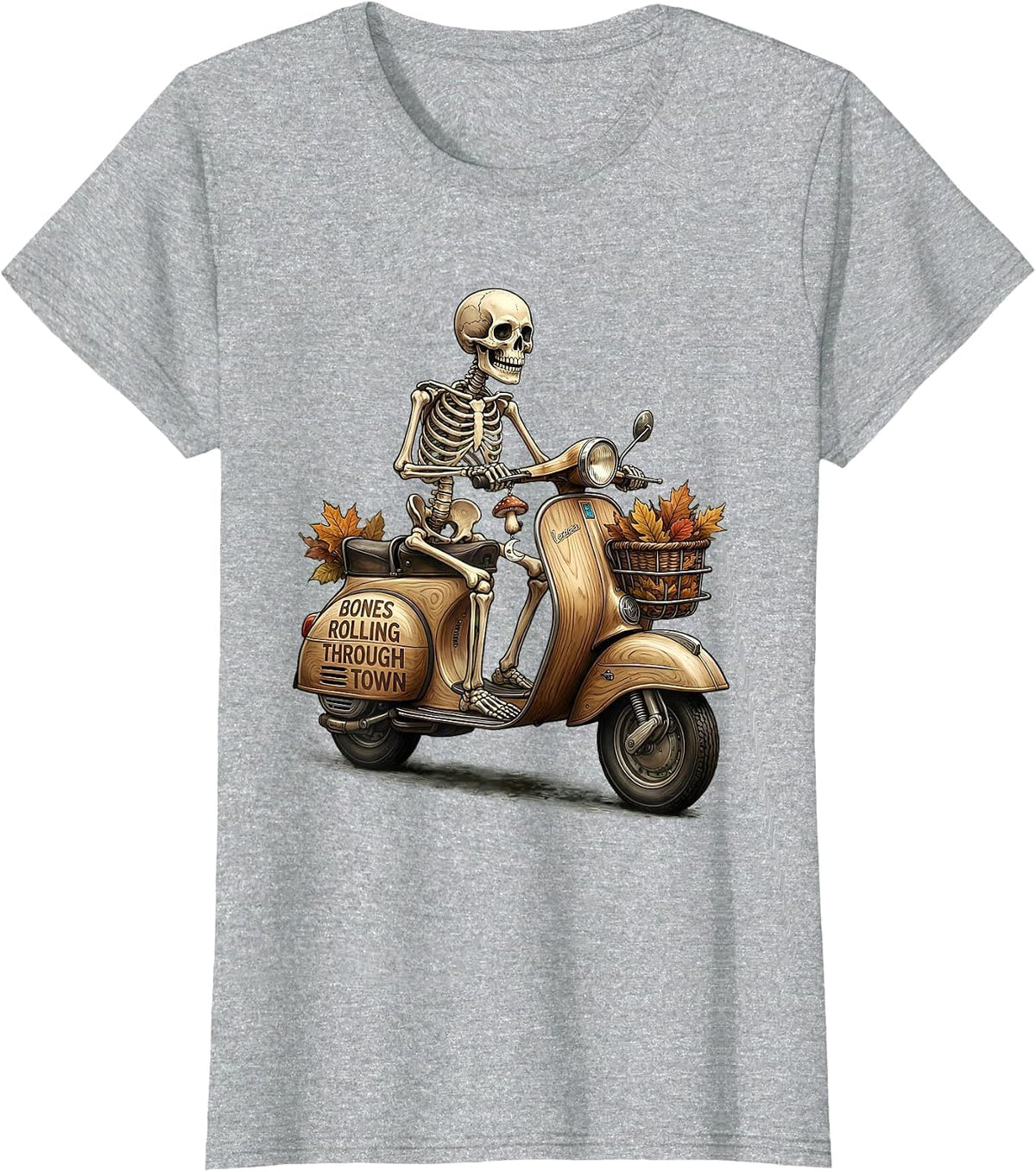 Halloween Skeleton Scooter Riding Through Town T-Shirt - Heather Grey