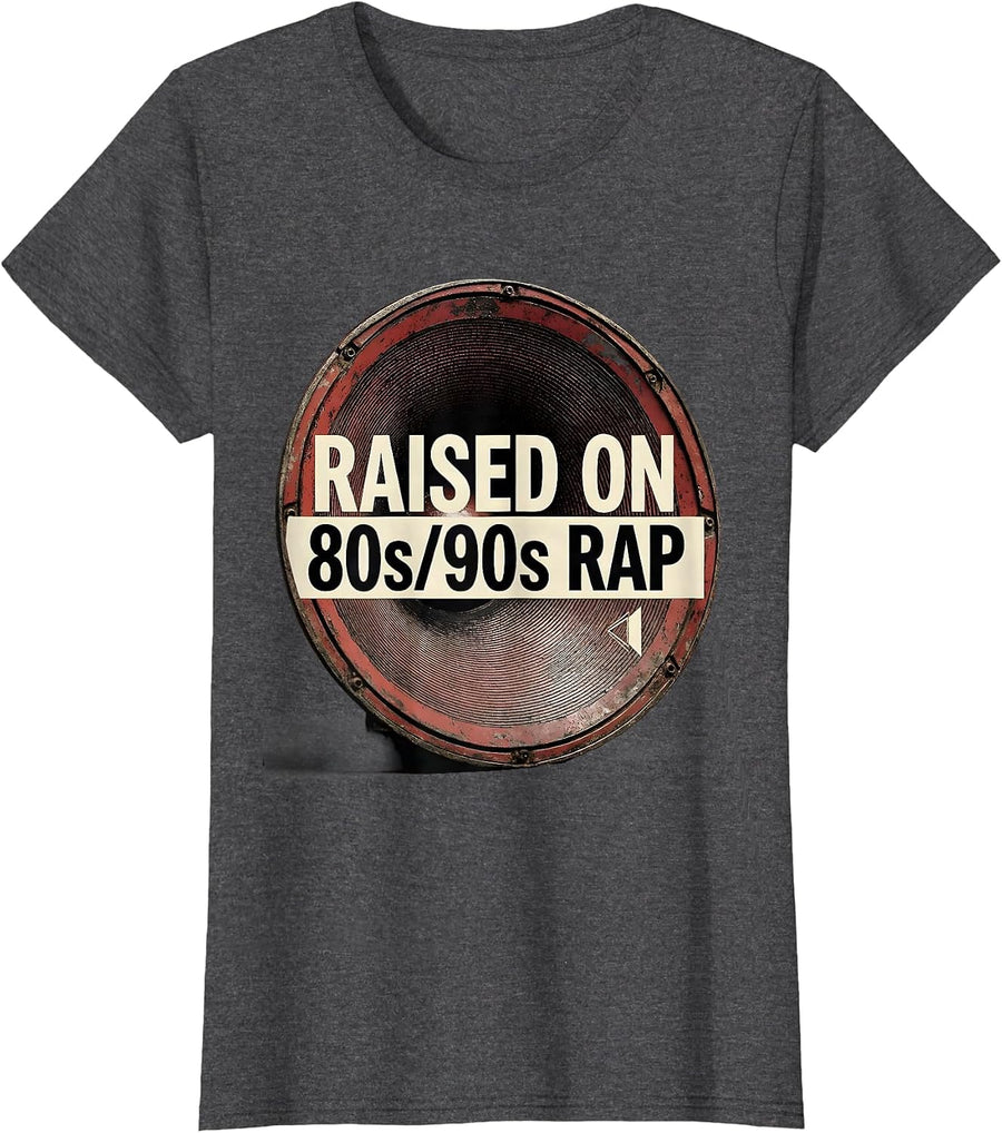Women's Raised On 80s/90s Rap Retro Hip Hop Old School Nostalgia T-Shirt - Dark Heather Grey