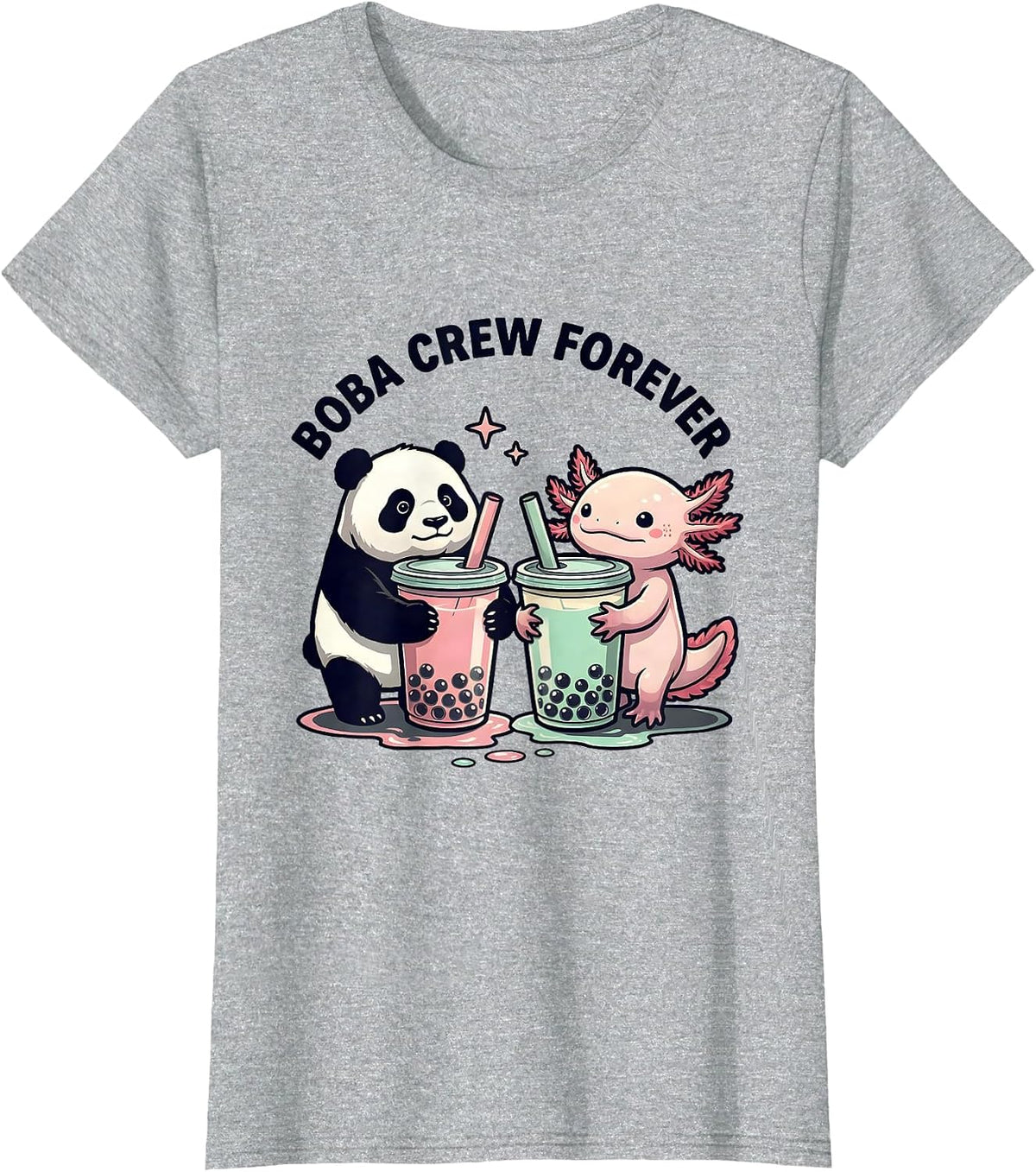 Boba Crew Forever Cute Kawaii Panda and Axolotl Boba Tea T-Shirt - Heather Grey