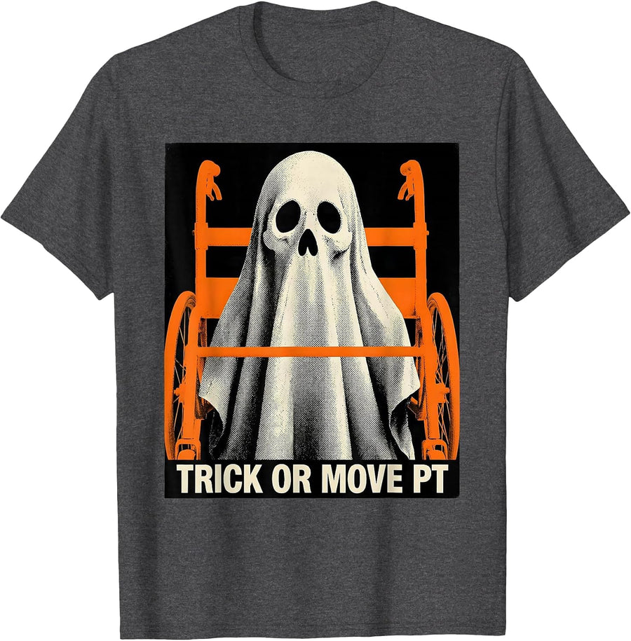 Men's Trick Or Move PT Funny Physical Therapy Ghost Halloween T-Shirt - Dark Heather Grey