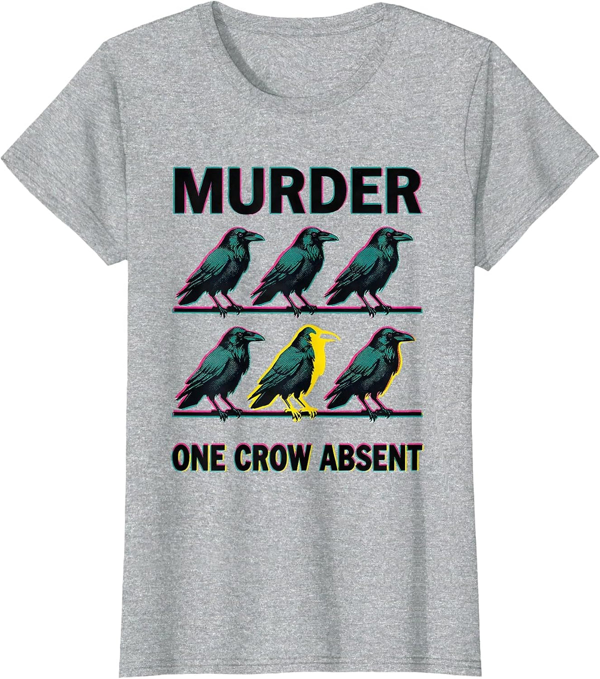 Murder, One Crow Absent Risograph Crow Lover Dark Humor Pun T-Shirt - Heather Grey