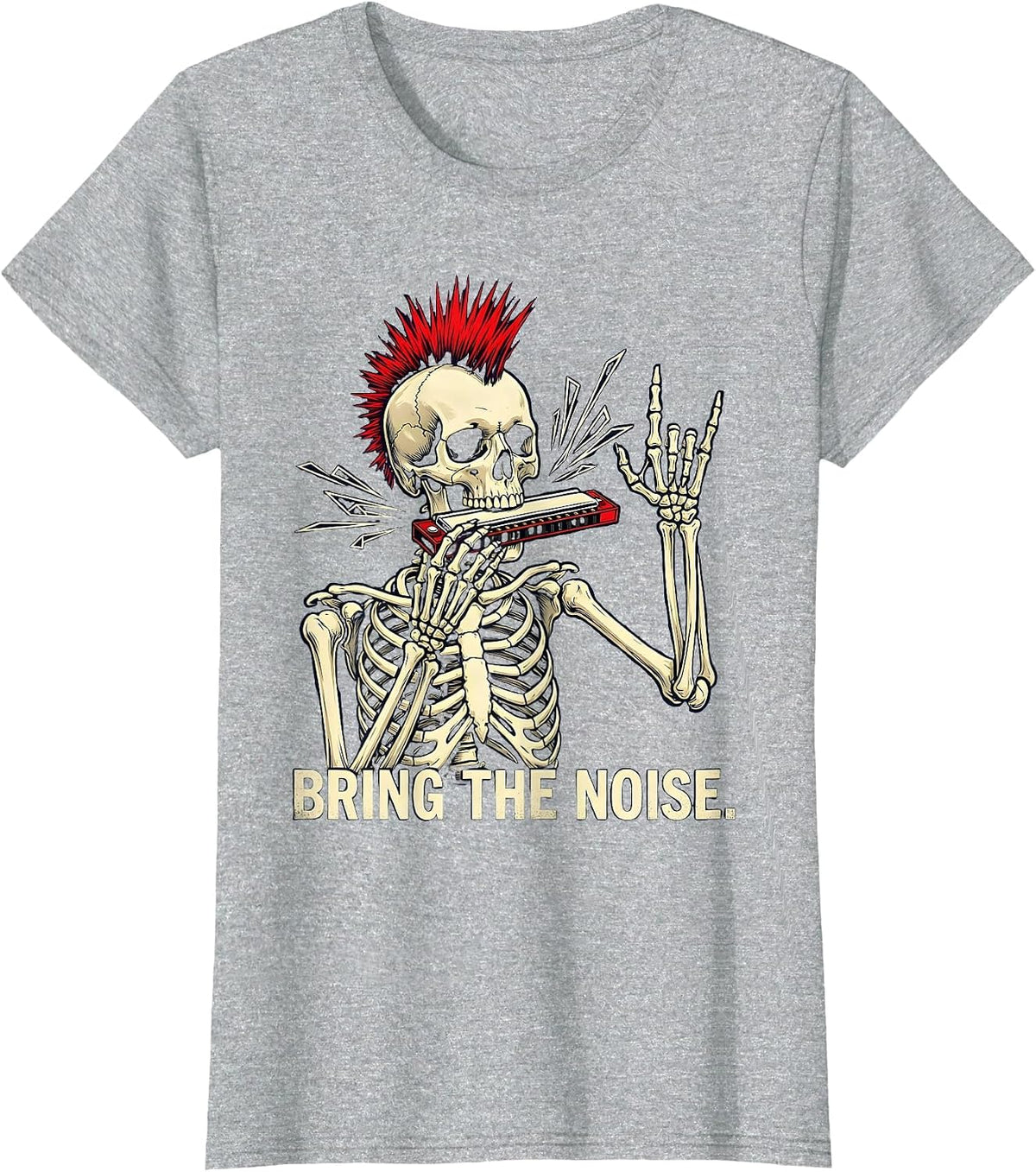 Women's Bring The Noise Punk Rock Skeleton Skull Halloween Music T-Shirt - Heather Grey