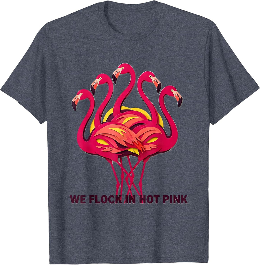 We Flock In Hot Pink Funny Pink Flamingo Bird Lover Summer T-Shirt - Heather Blue