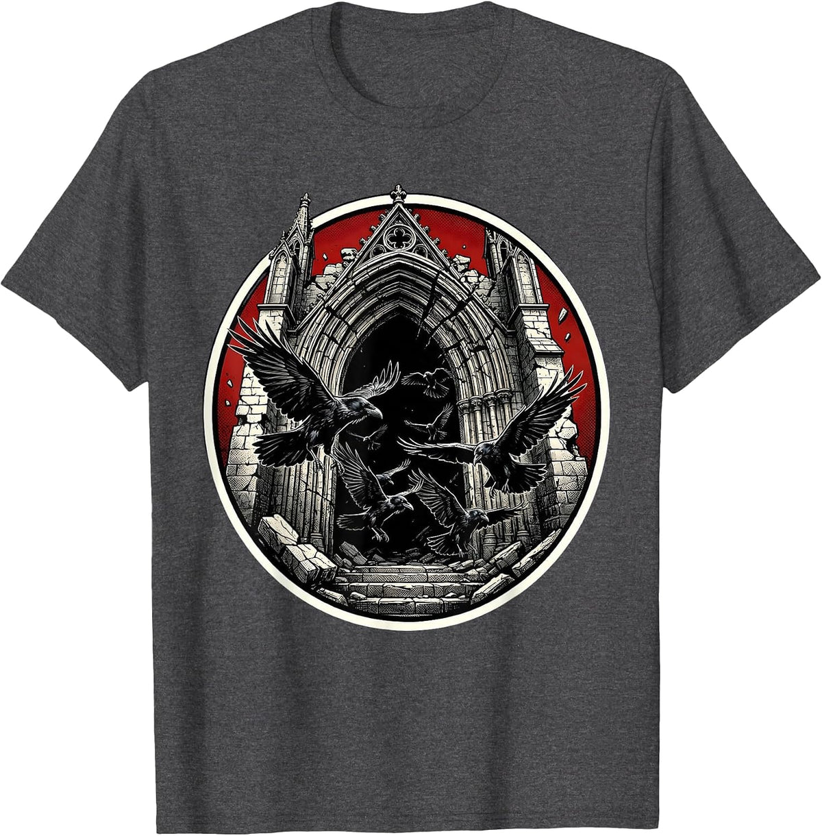 Crumbling Cathedral Ravens Heavy Metal Gothic Design T-Shirt - Dark Heather Grey