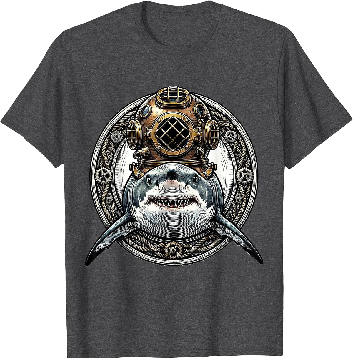 Men's Shark in Vintage Diving Helmet Graphic T-Shirt - Dark Heather Grey