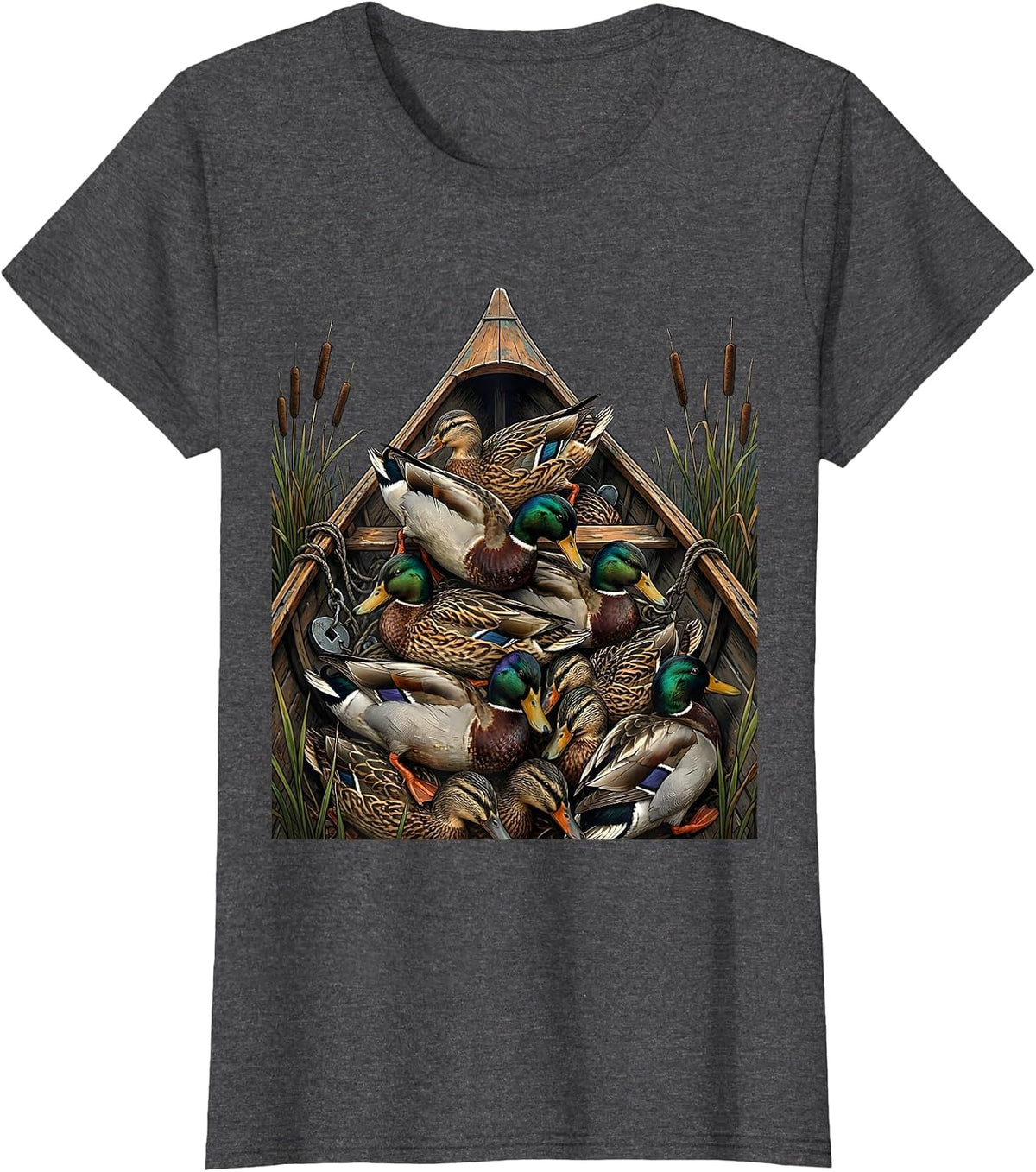 Women's Bottomland Camo Decoy Pile Canoe Bow Duck Hunting T-Shirt - Dark Heather Grey