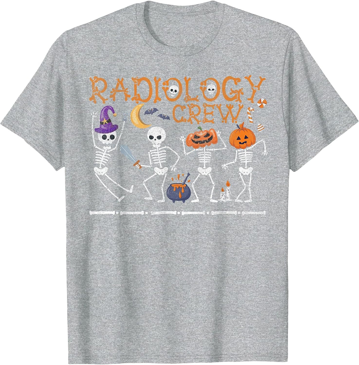 Radiology Crew Dancing Skeleton Funny Halloween Party T-Shirt - Heather Grey