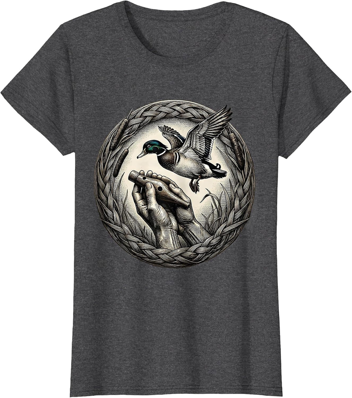Women's Duck Caller Weathered Lips Hunting Illustration T-Shirt - Dark Heather Grey