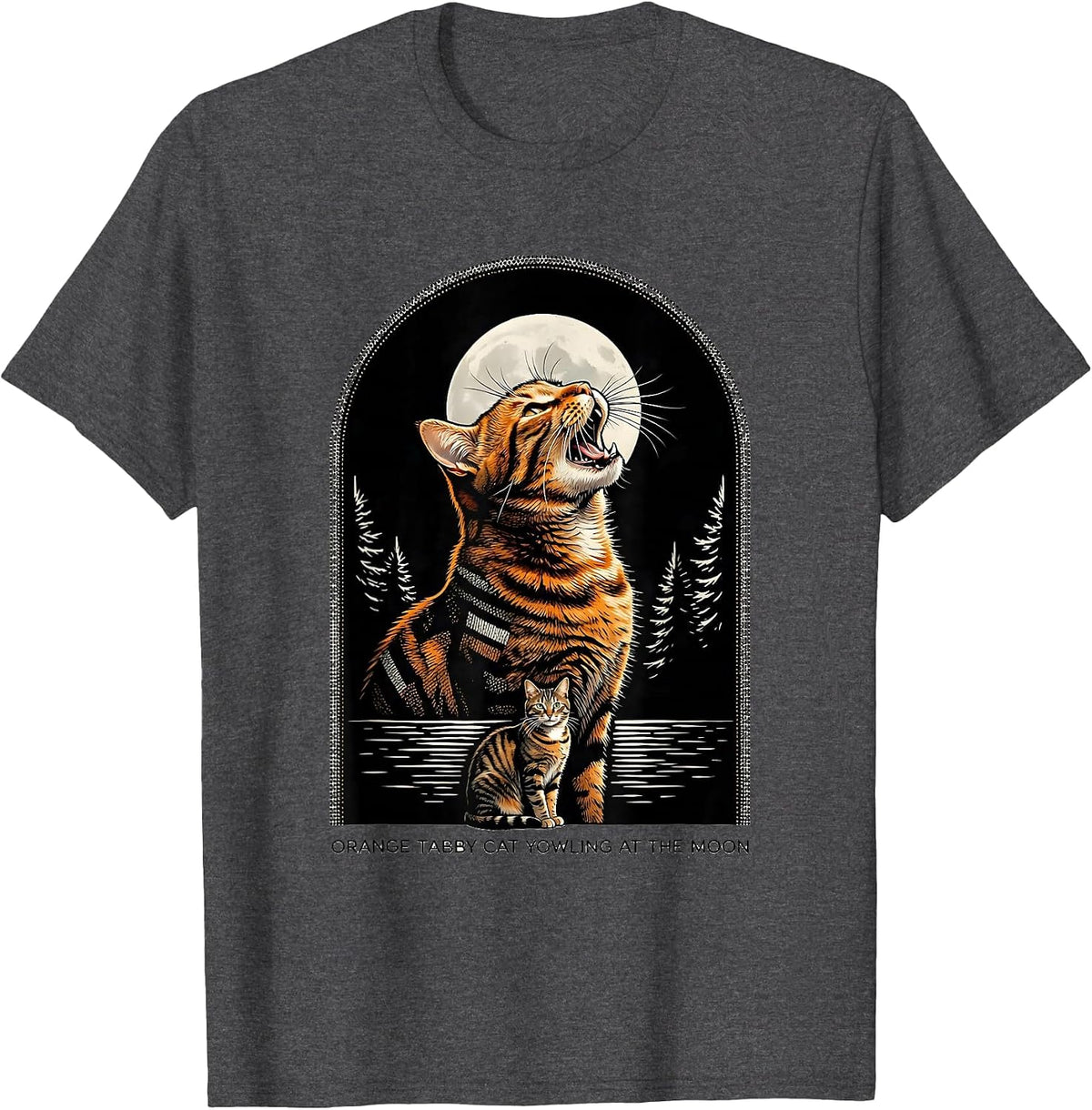 Orange Tabby Cat Yowling at the Moon 90's Retro Nature Art T-Shirt - Dark Heather Grey