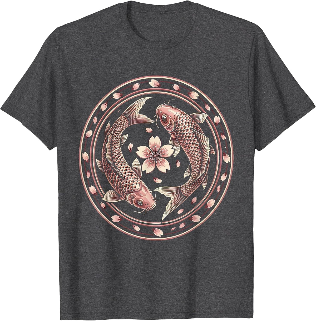 Men's Koi Fish Pink Cherry Blossom Breast Cancer Awareness T-Shirt - Dark Heather Grey
