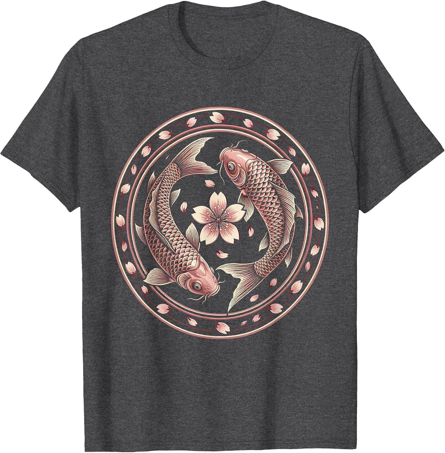 Men's Koi Fish Pink Cherry Blossom Breast Cancer Awareness T-Shirt - Dark Heather Grey