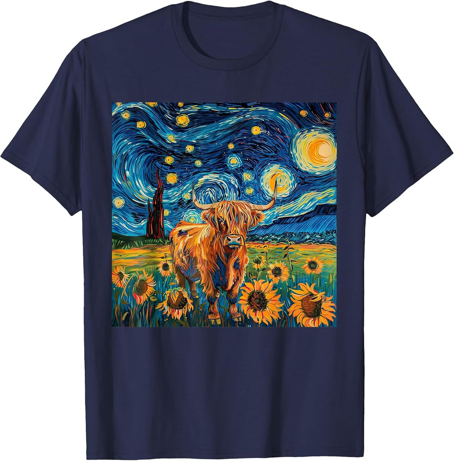 Aesthetic Scottish Highland Cow with Sunflowers Starry Night T-Shirt - Navy Blue
