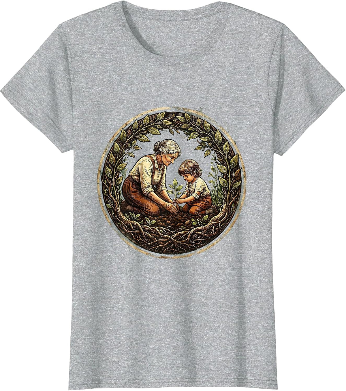 Nana Gardening With Grandchild Illustration T-Shirt - Heather Grey