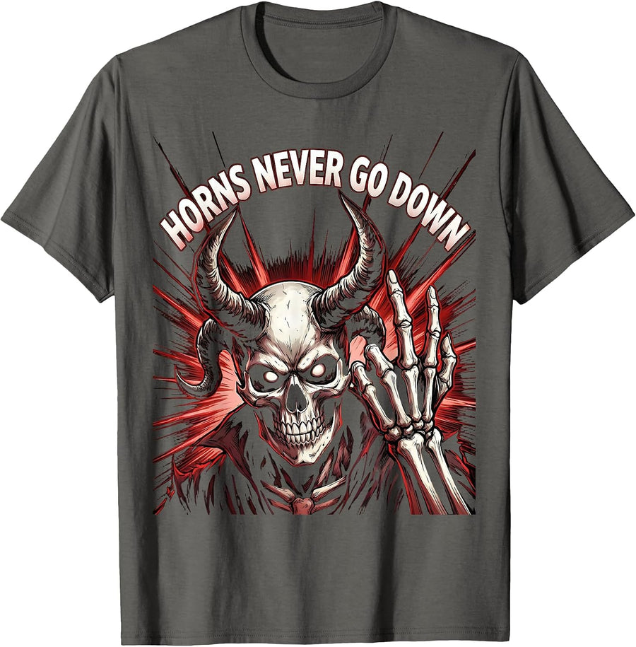 Horns Never Go Down Heavy Metal Music Design T-Shirt - Asphalt Grey