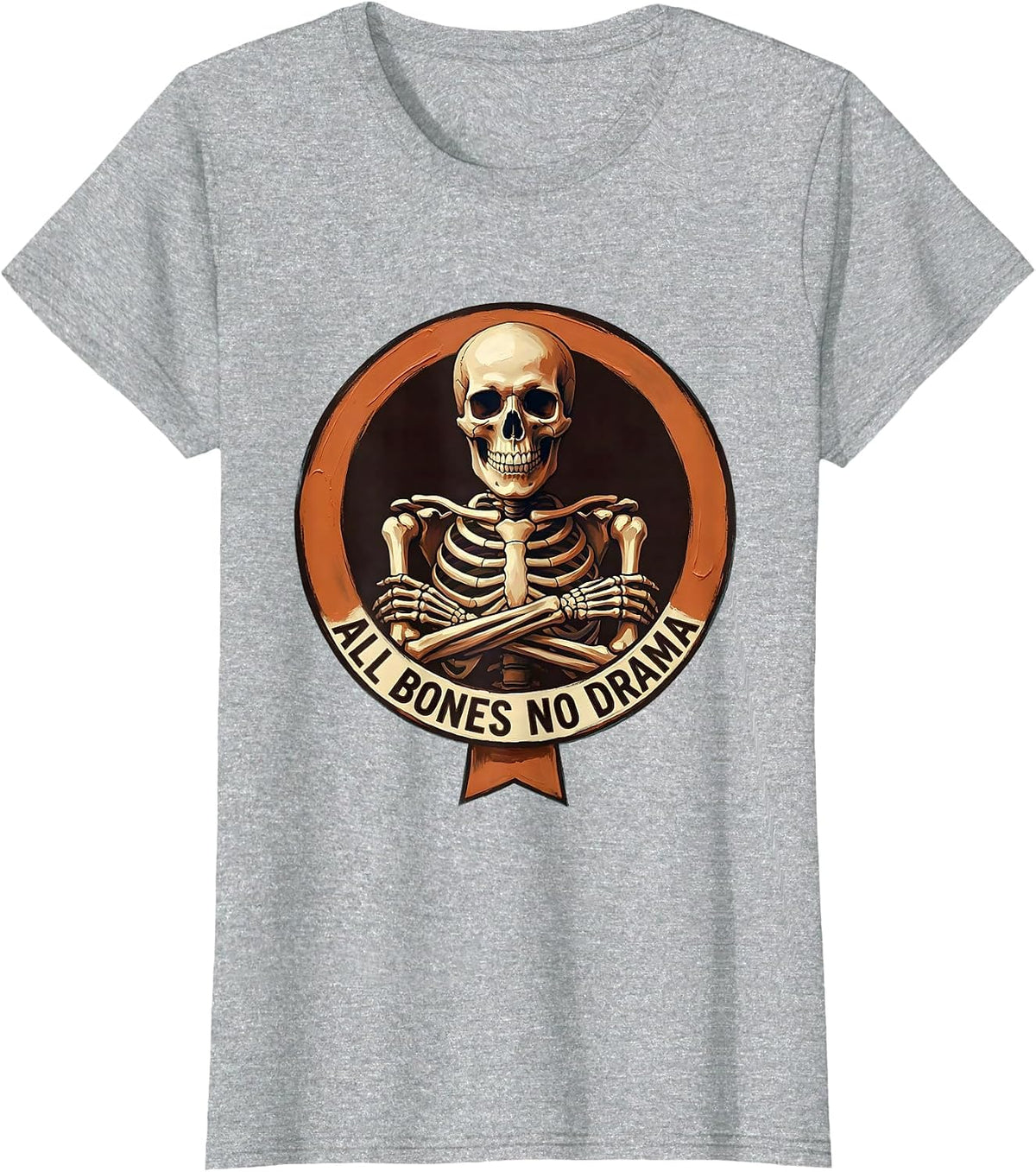 All Bones No Drama Funny Skeleton Design T-Shirt - Heather Grey