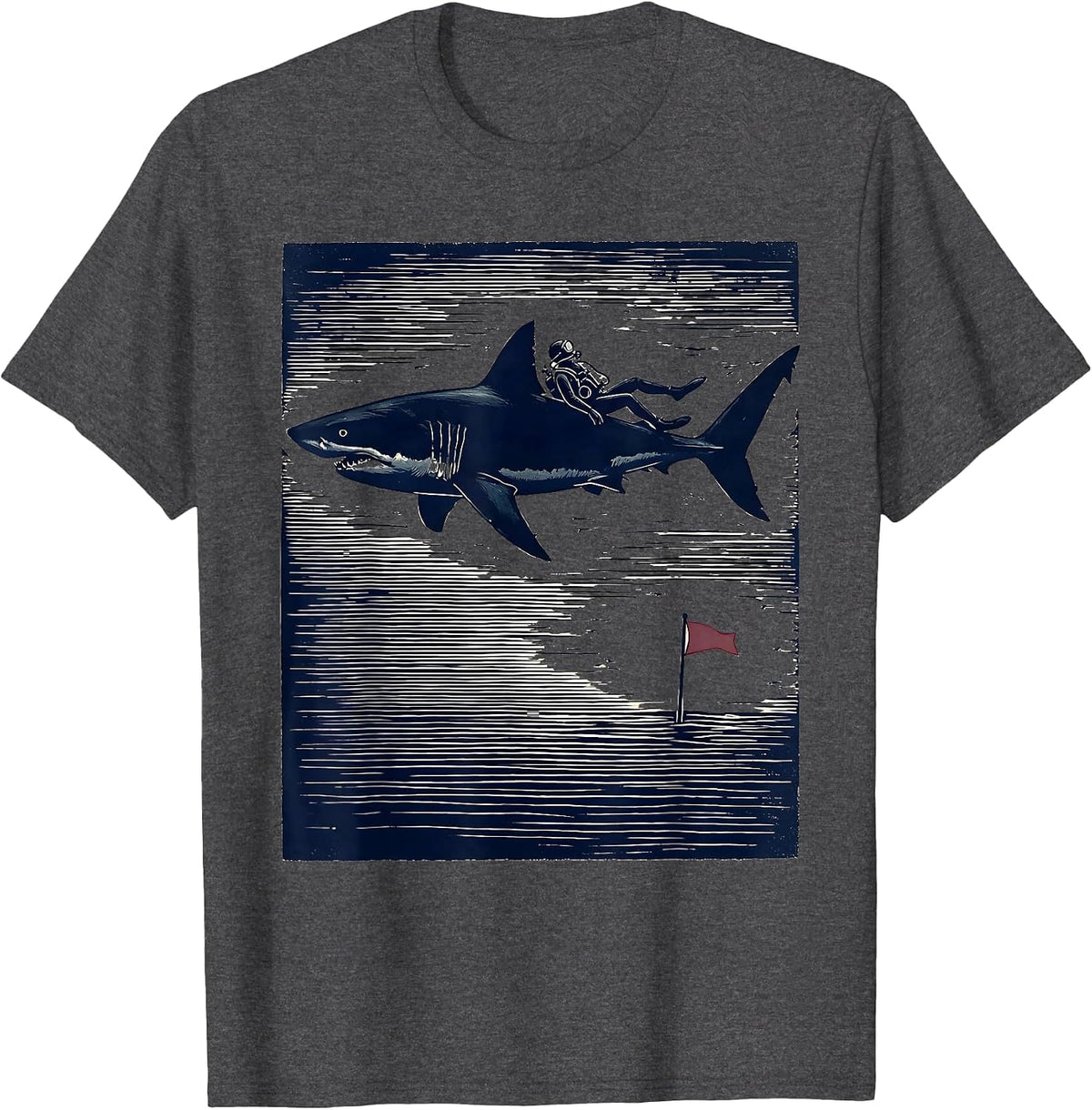 Men's Shark Silhouette Scuba Diver Linocut Humor Gift T-Shirt - Dark Heather Grey