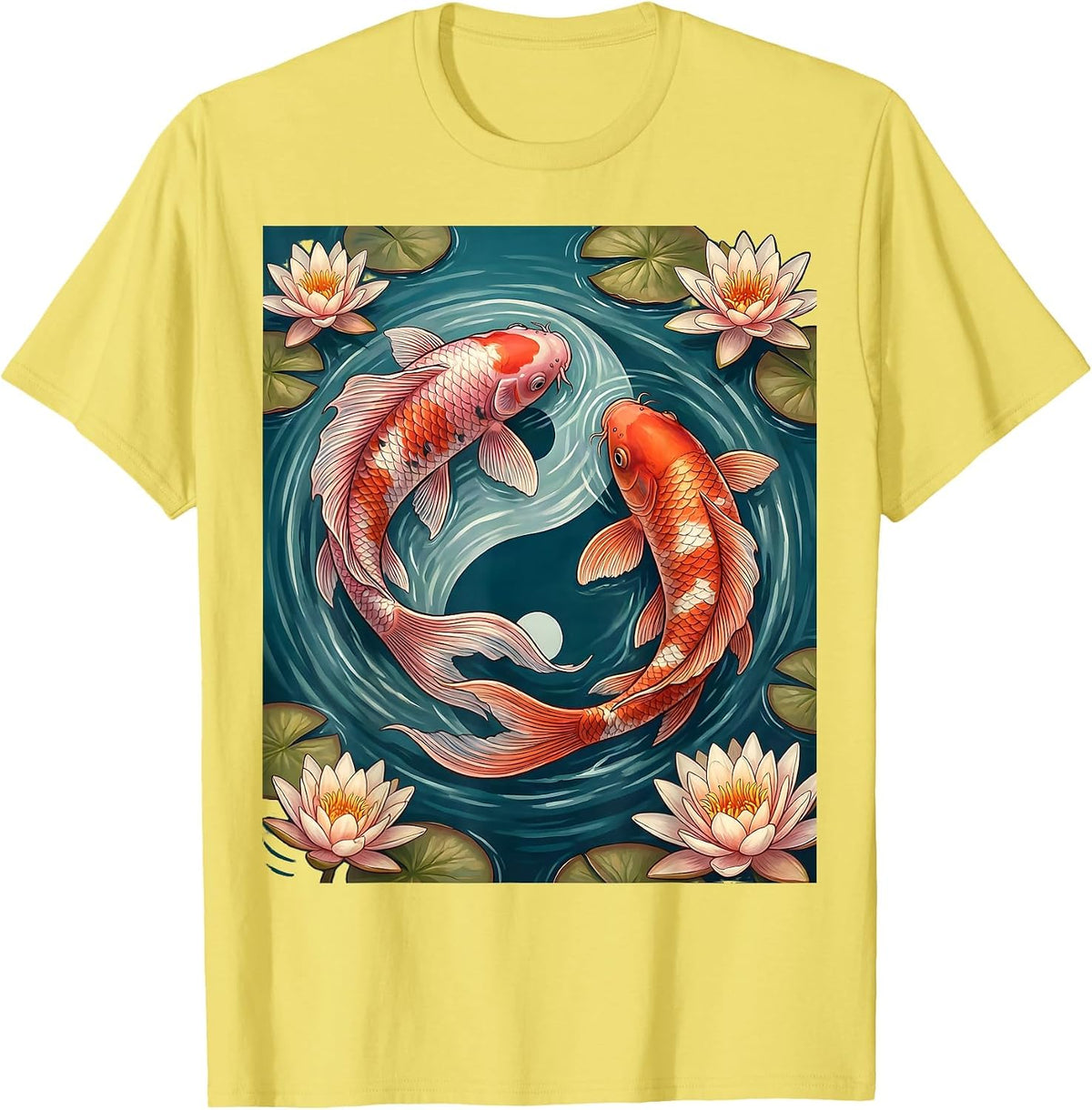 Men's Pink Koi Fish Lily Pond Breast Cancer Awareness T-Shirt - Lemon Yellow