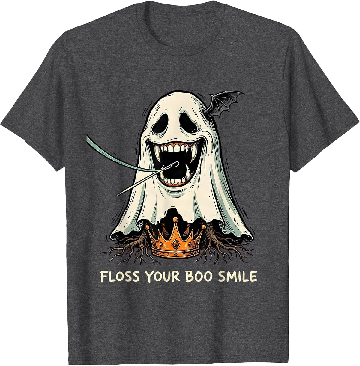 Floss Your Boo Smile Funny Dentist Halloween Ghost Dental T-Shirt - Dark Heather Grey
