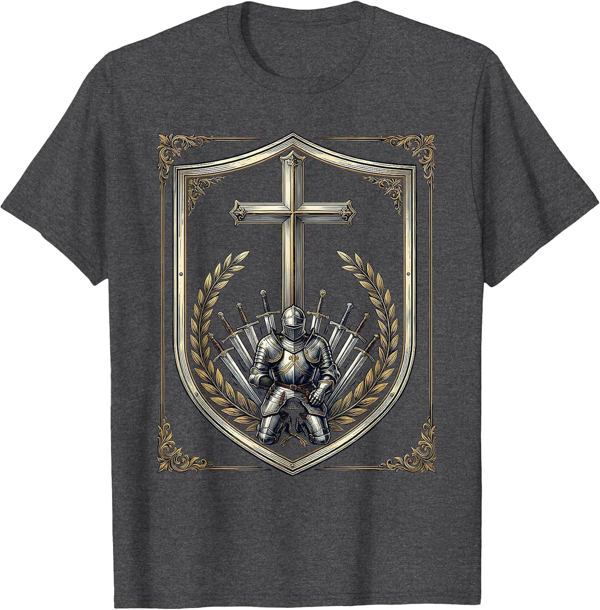 Kneeling Soldier Armor at the Cross Faith Graphic T-Shirt - Dark Heather Grey