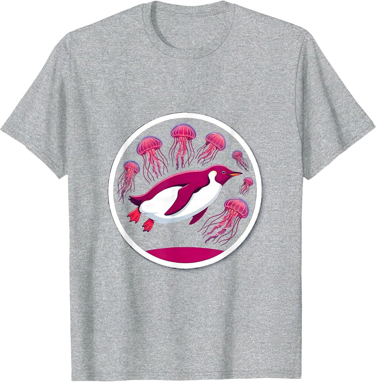 Men's Penguin Deep Sea Diving Glowing Jellyfish Art T-Shirt - Heather Grey