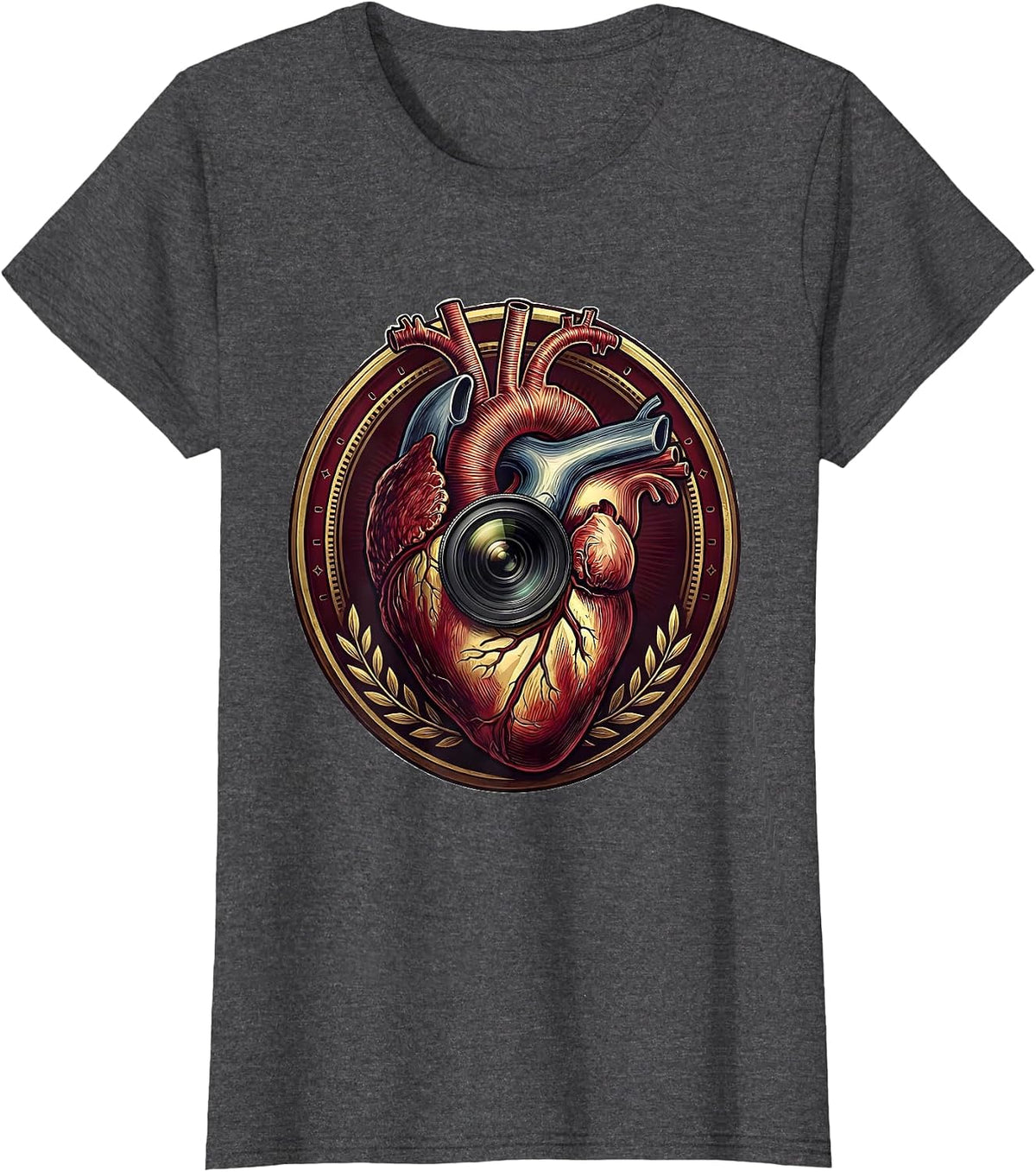 Women's Heart-Shaped Camera Photography Love Art T-Shirt - Dark Heather Grey