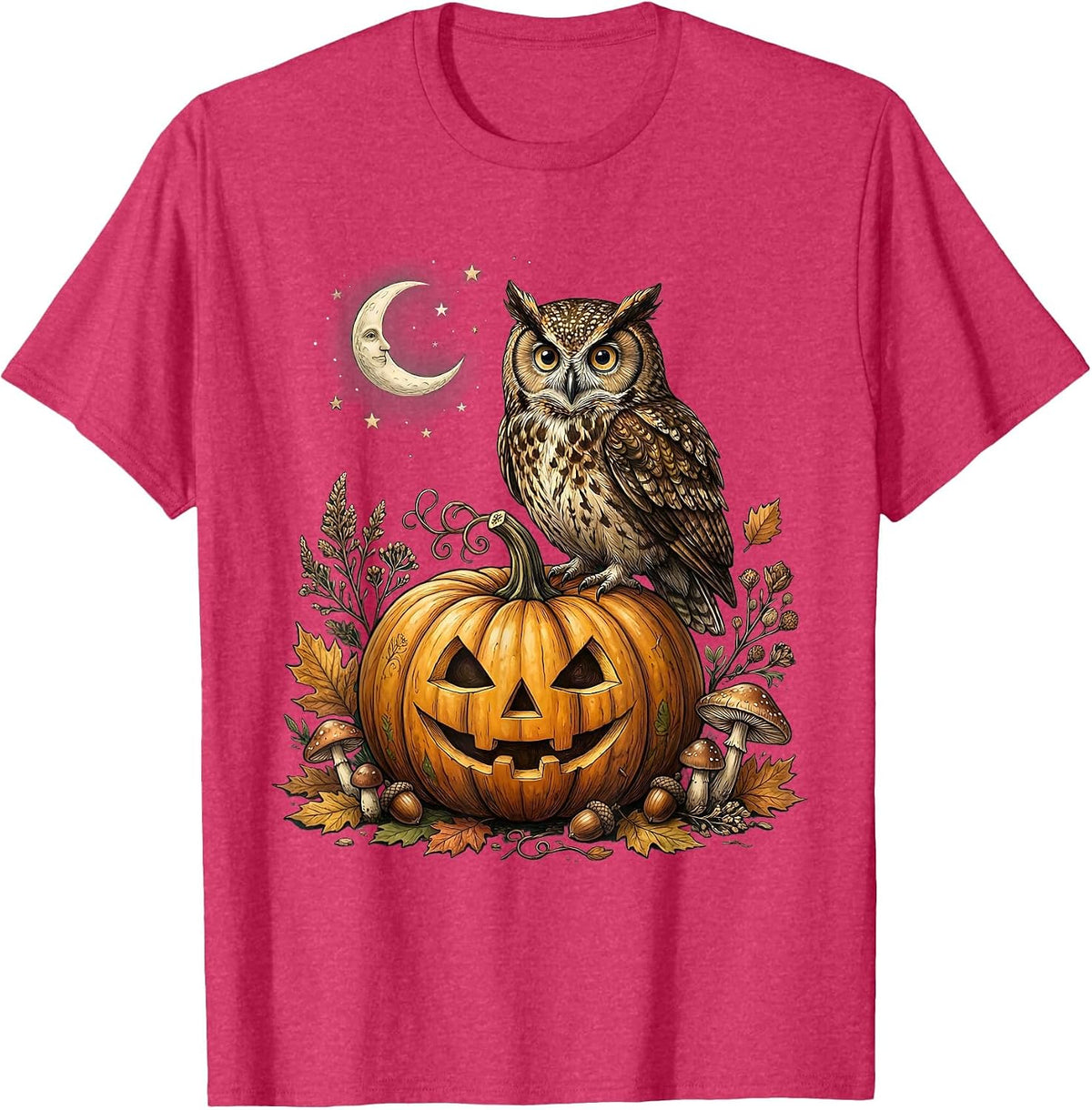 Owl on Glowing Pumpkin Halloween Illustration T-Shirt - Red Heather