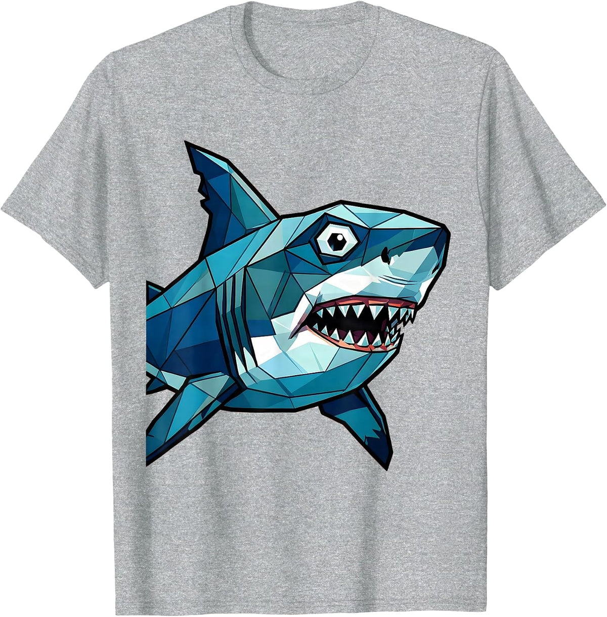 Men's Geometric Low-Poly Shark Art Design T-Shirt - Heather Grey
