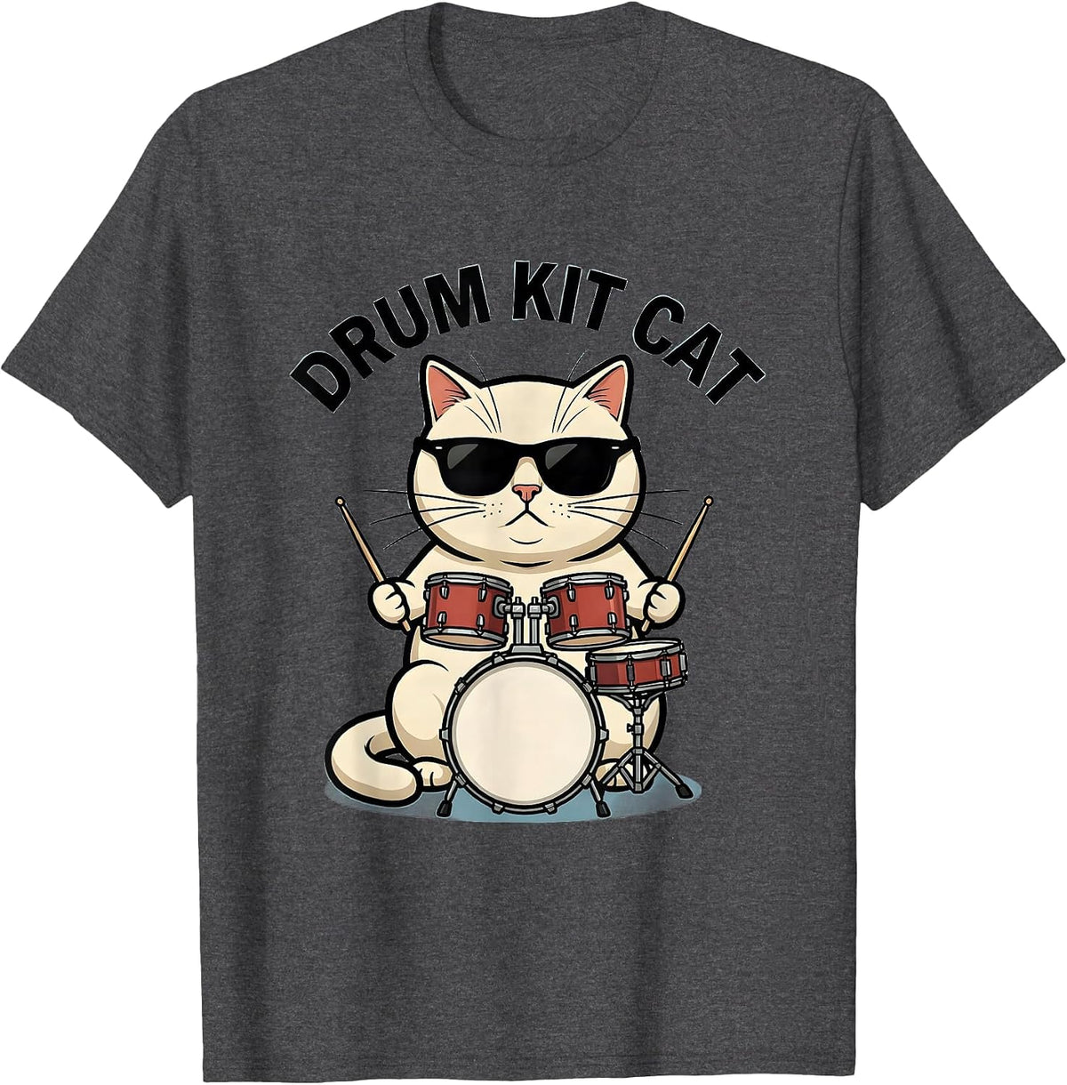 Drum Kit Cat Funny Cat Wearing Sunglasses Playing Drums T-Shirt - Dark Heather Grey