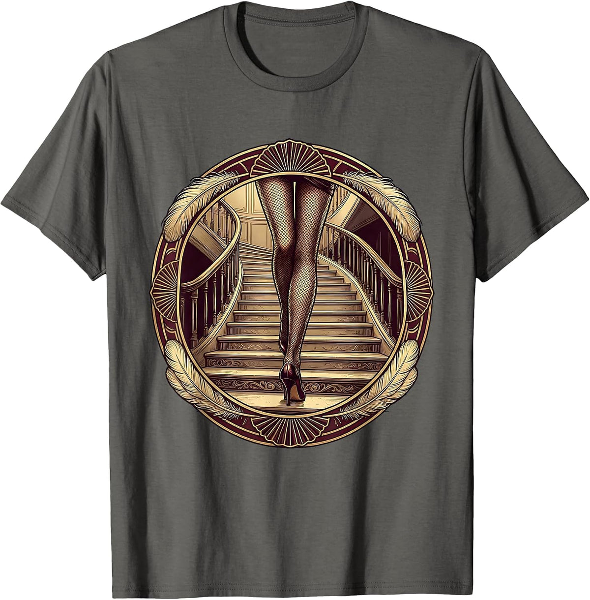 Men's Showgirl Grand Staircase Fishnet Legs Illustration T-Shirt - Asphalt Grey